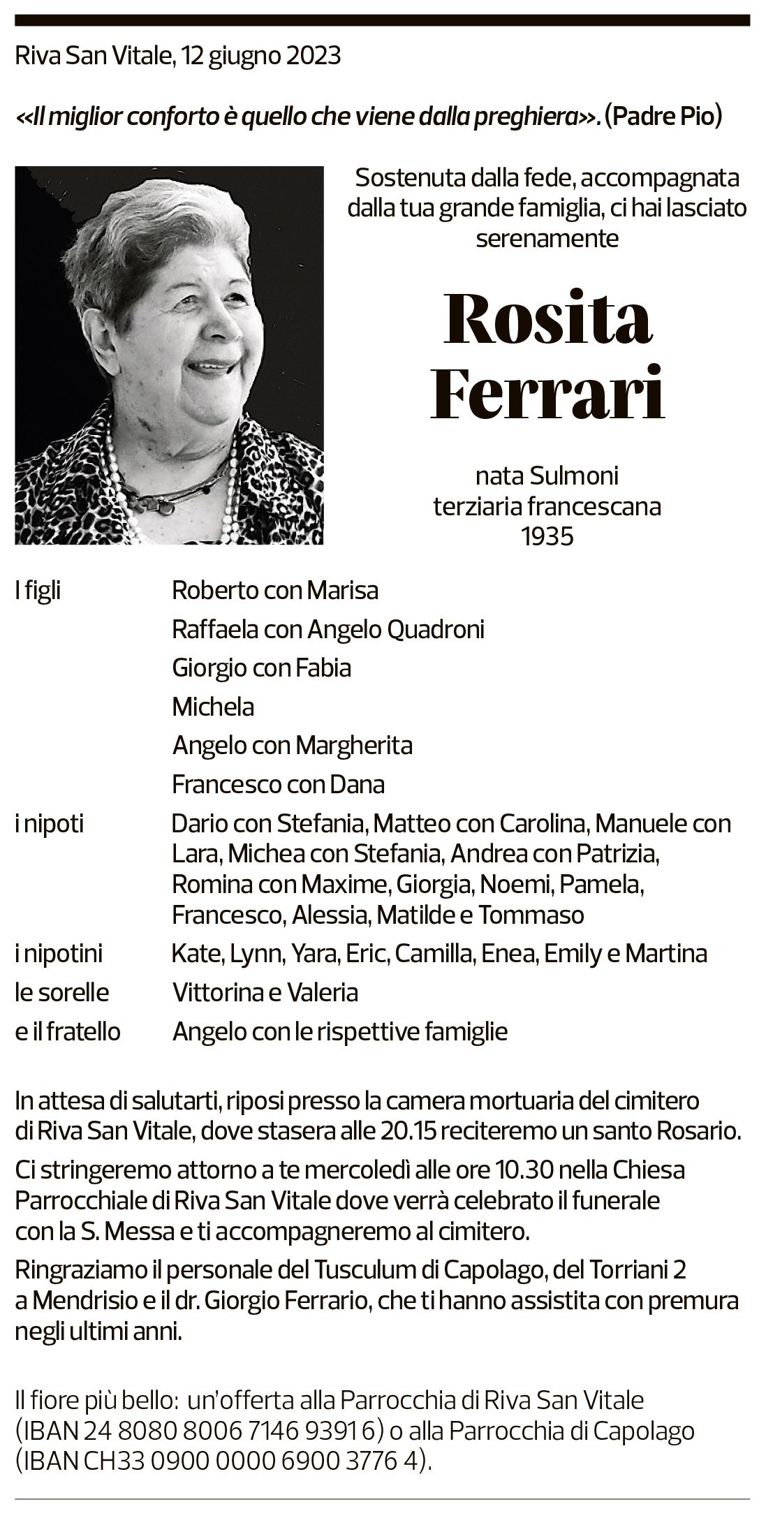 Annuncio funebre Rosita Ferrari