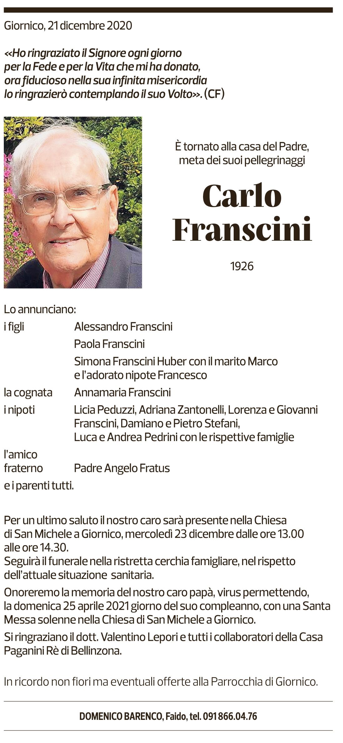 Annuncio funebre Carlo Franscini