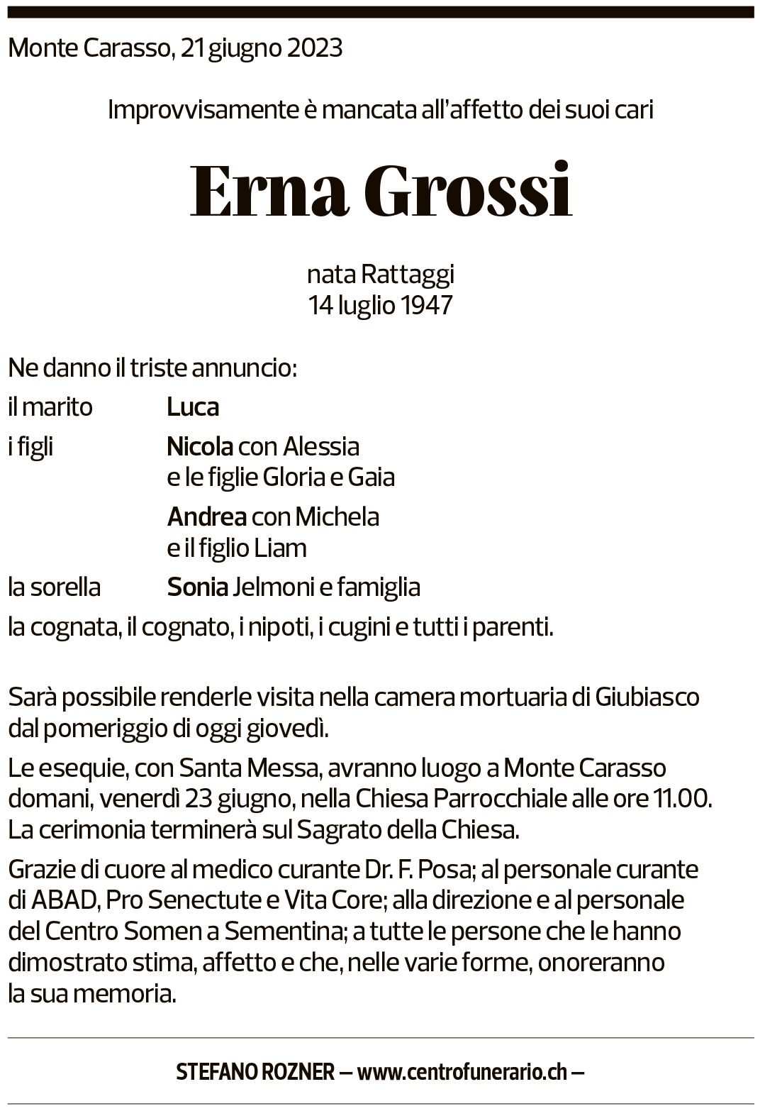 Annuncio funebre Erna Grossi