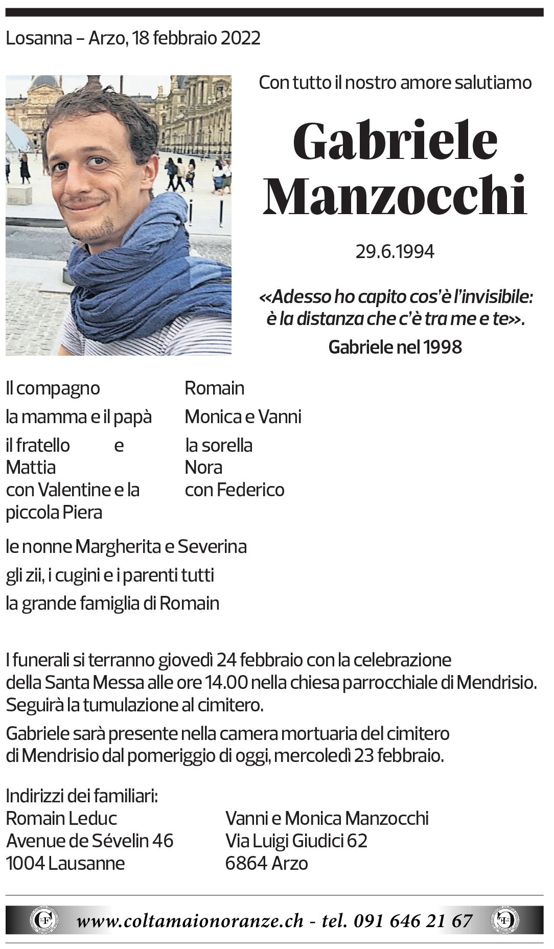 Annuncio funebre Gabriele Manzocchi