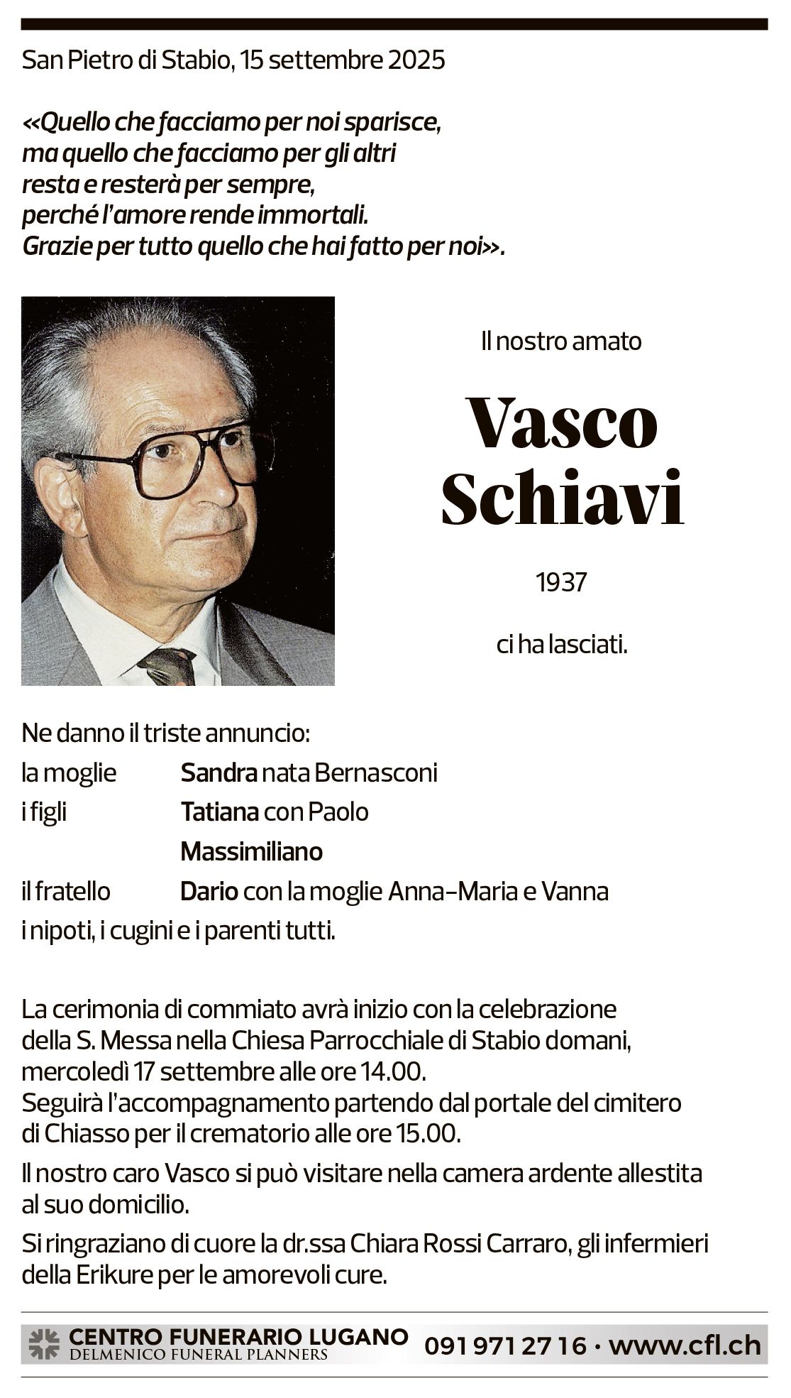 Annuncio funebre Vasco Schiavi