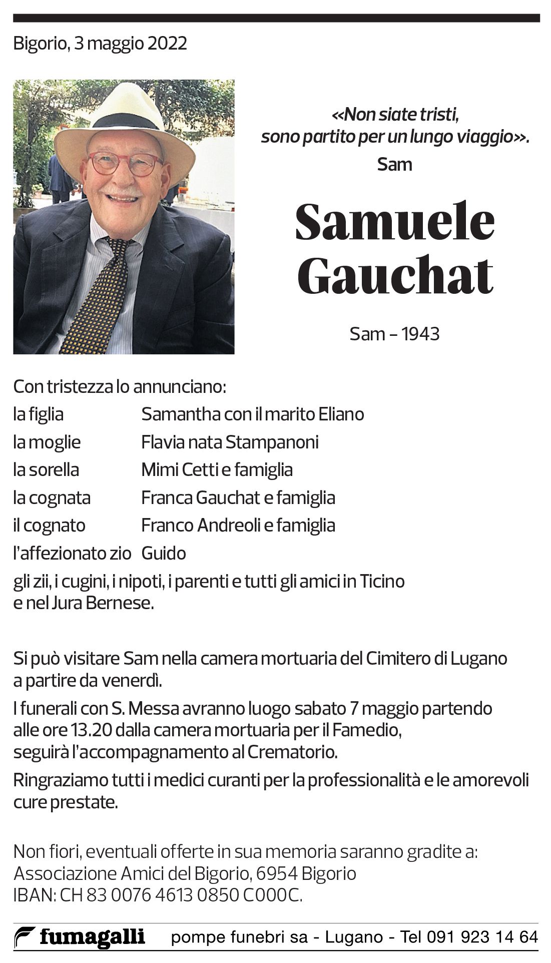 Annuncio funebre Samuele Gauchat