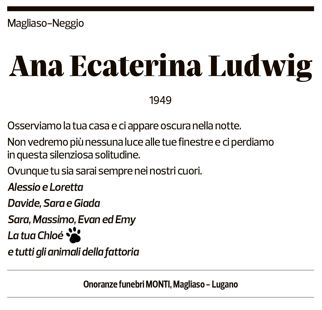 Annuncio funebre Ana Ecaterina Ludwig