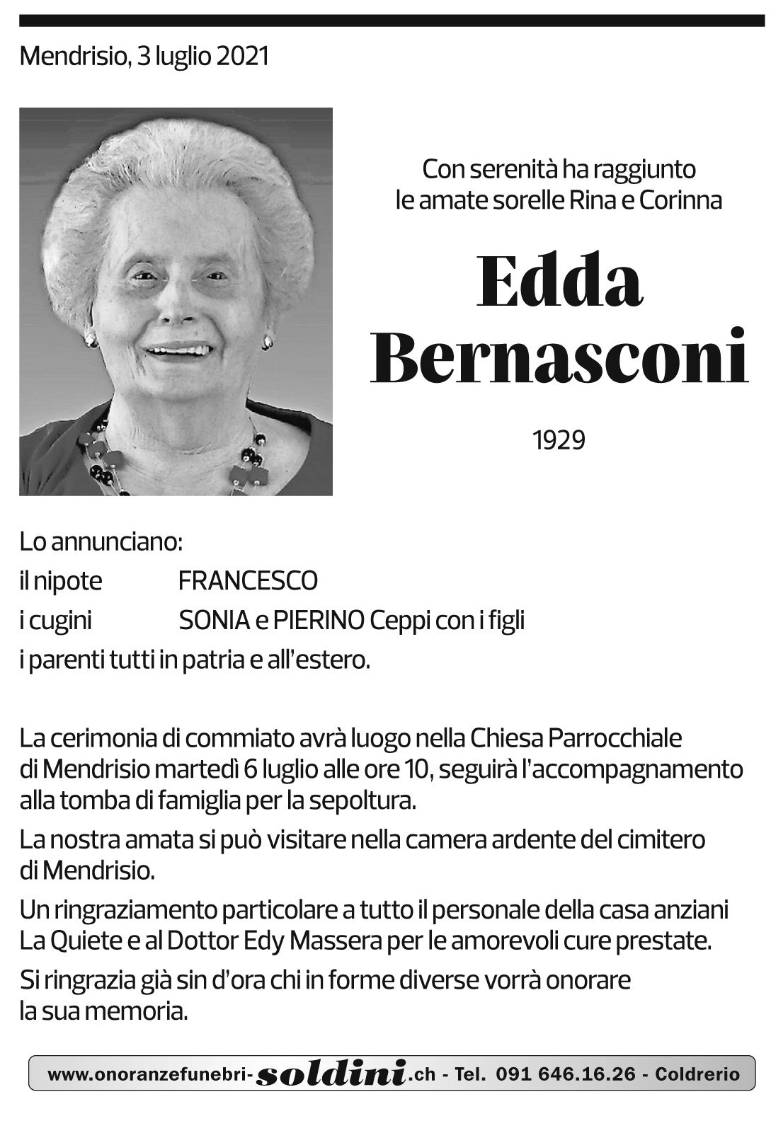 Annuncio funebre Edda Bernasconi