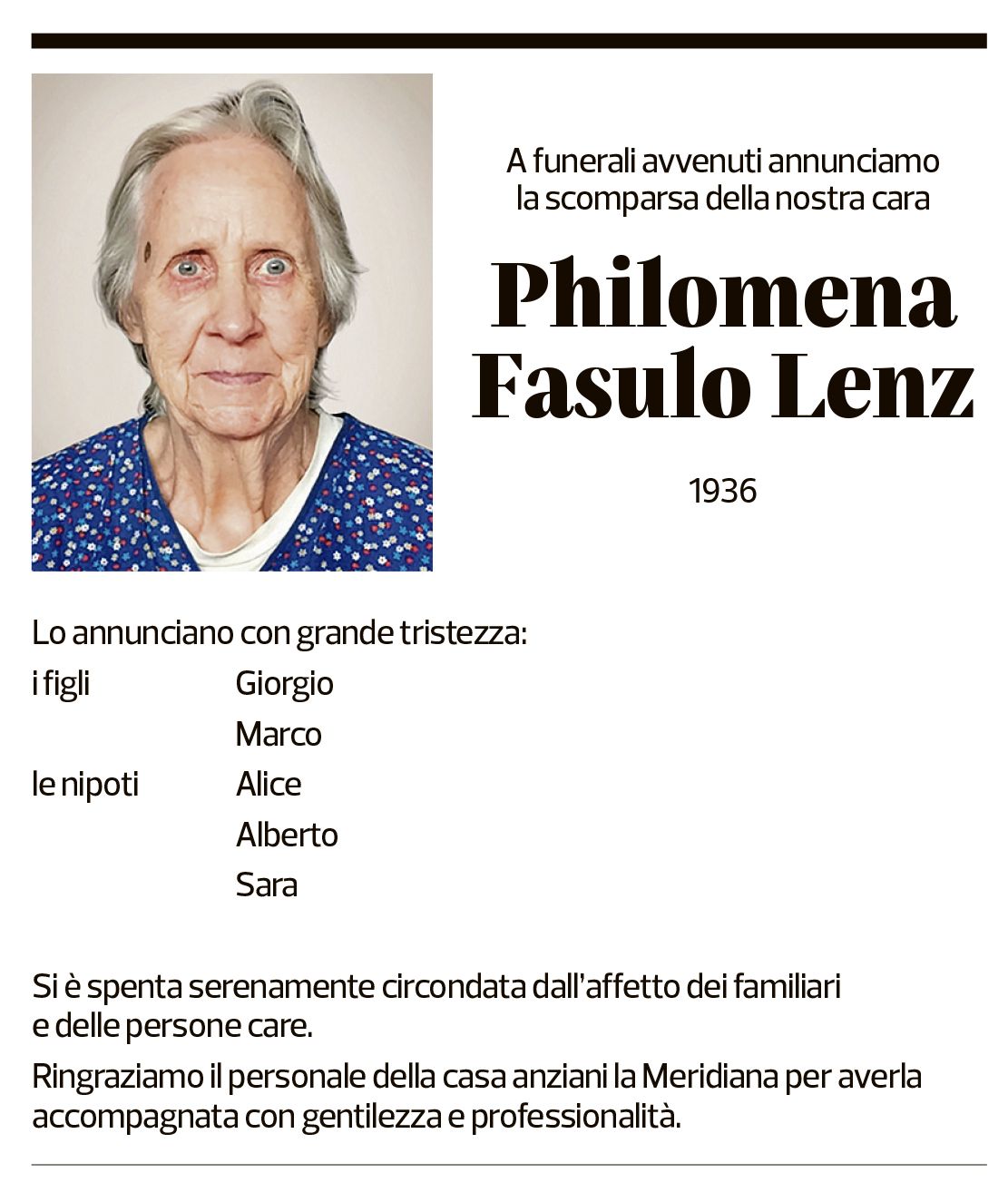 Annuncio funebre Philomena Fasulo Lenz