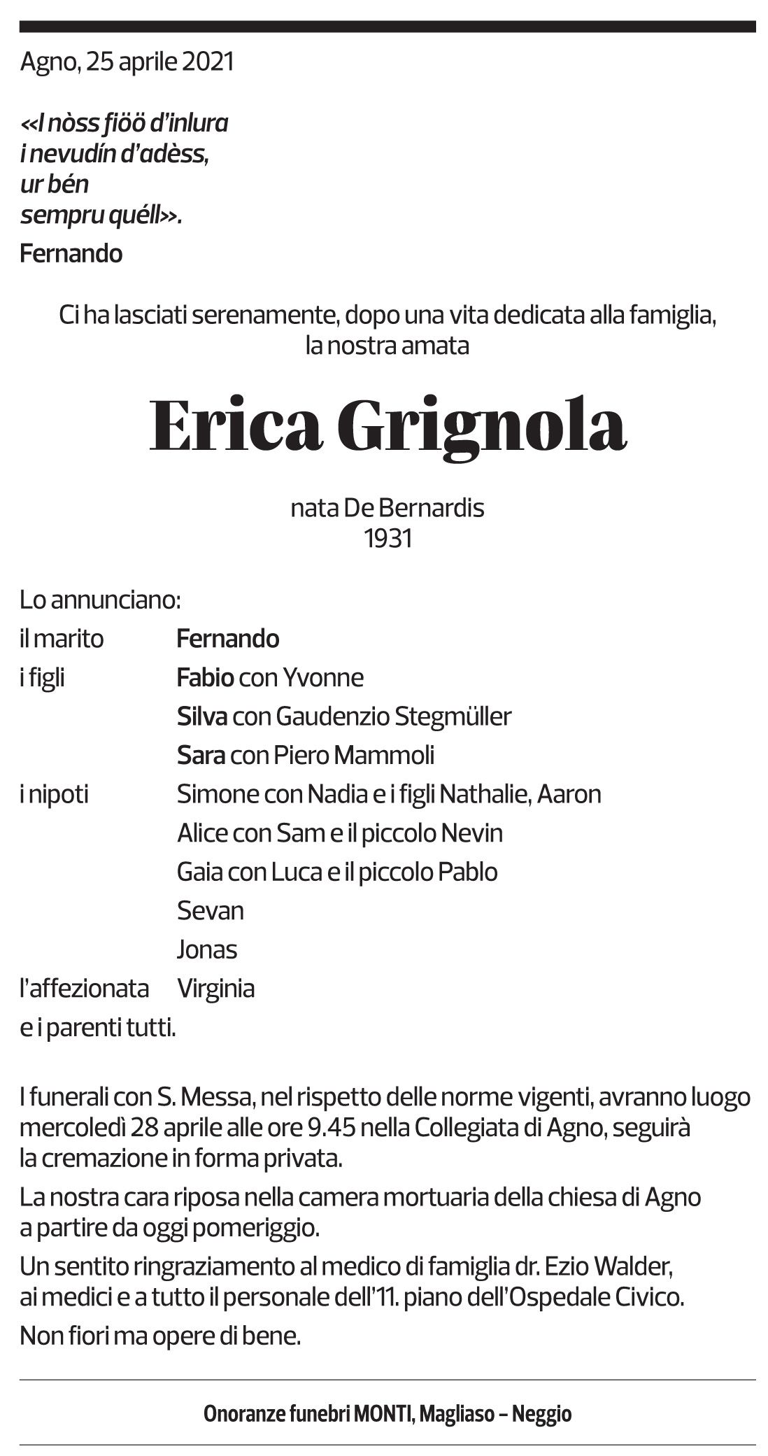 Annuncio funebre Erica Grignola