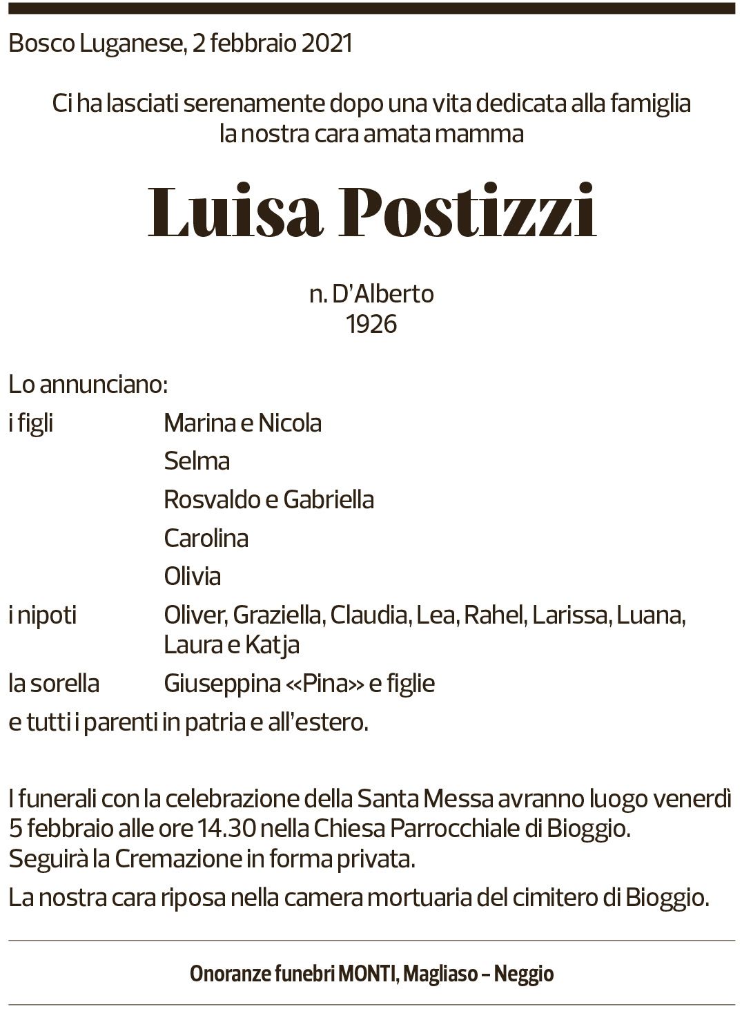 Annuncio funebre Luisa Postizzi