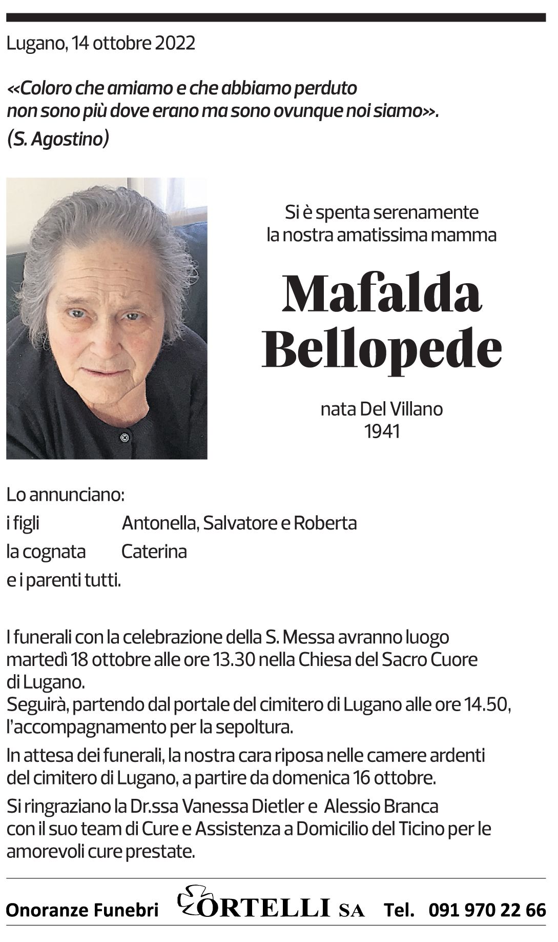 Annuncio funebre Mafalda Bellopede