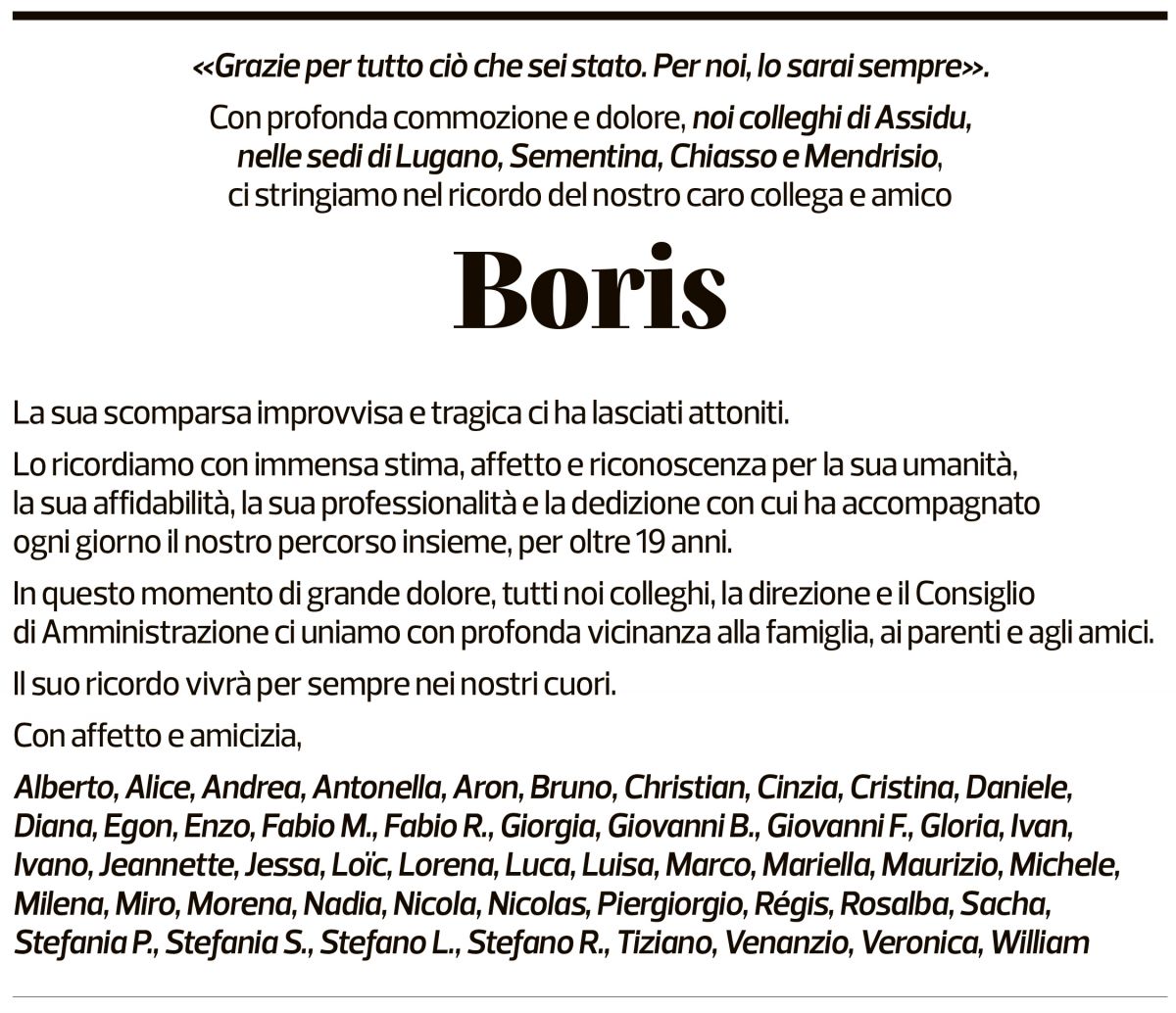Annuncio funebre Boris Silvio Rezzonico