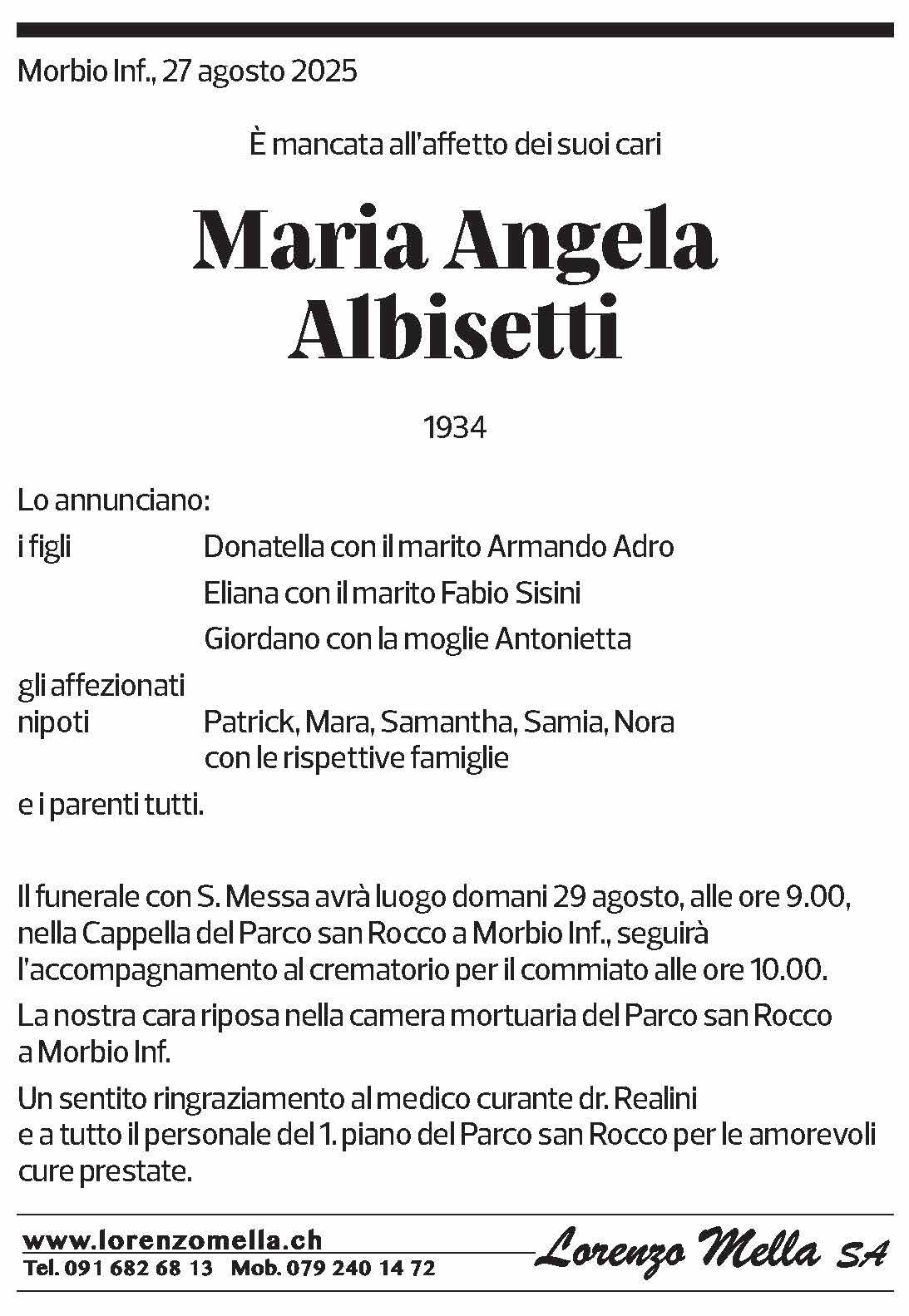 Annuncio funebre Maria Angela Albisetti