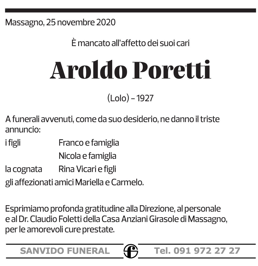 Annuncio funebre Aroldo Poretti