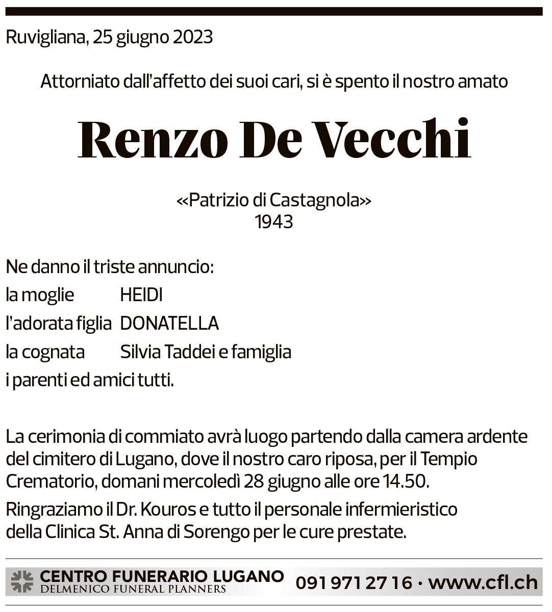 Annuncio funebre Renzo De Vecchi