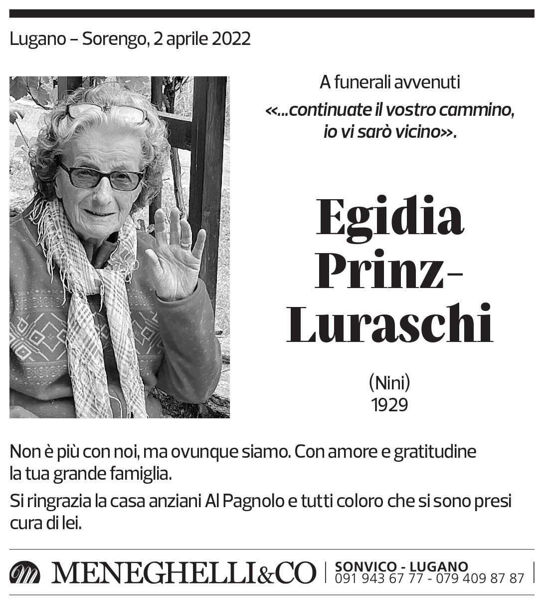 Annuncio funebre Egidia Prinz-luraschi