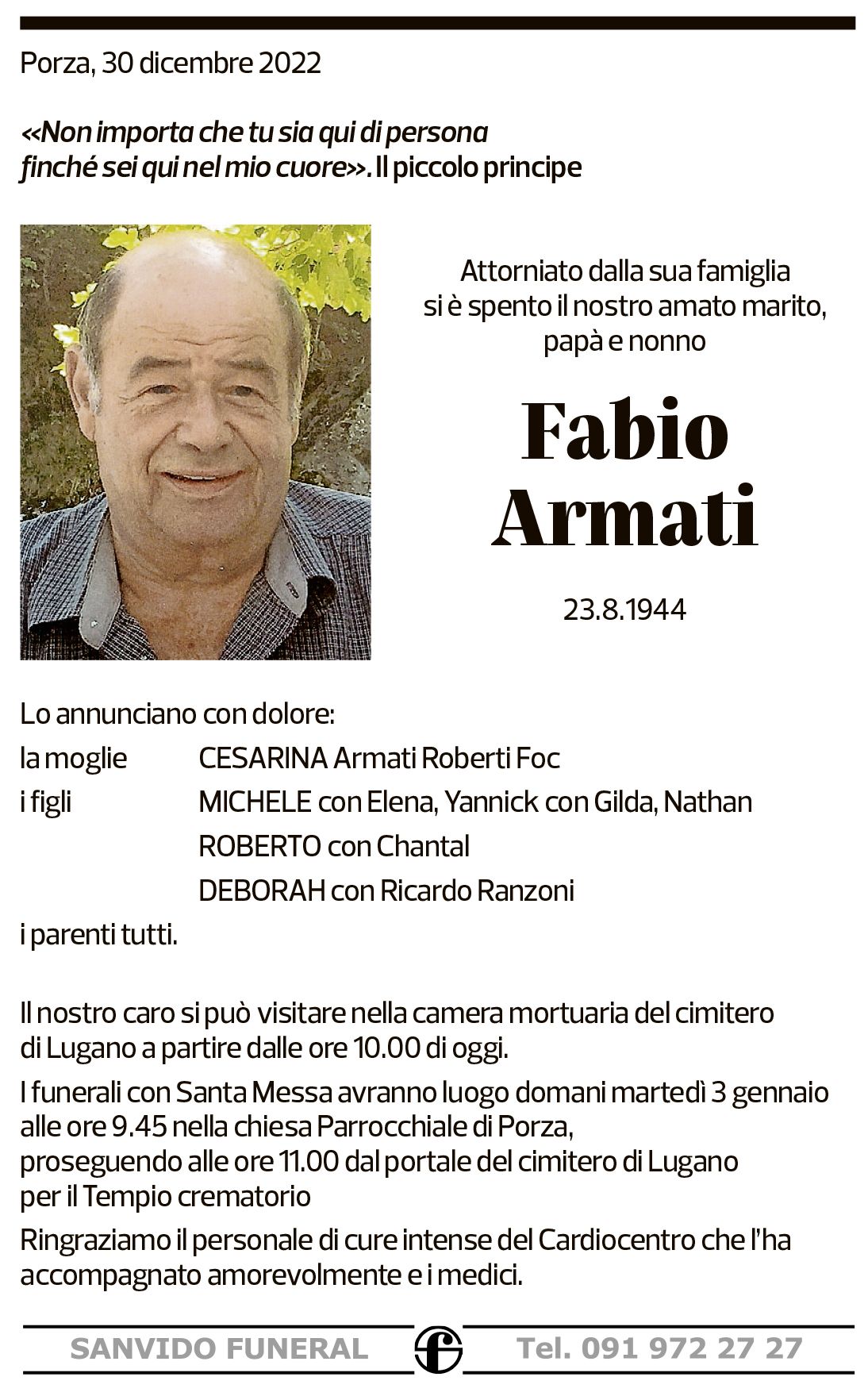 Annuncio funebre Fabio Armati