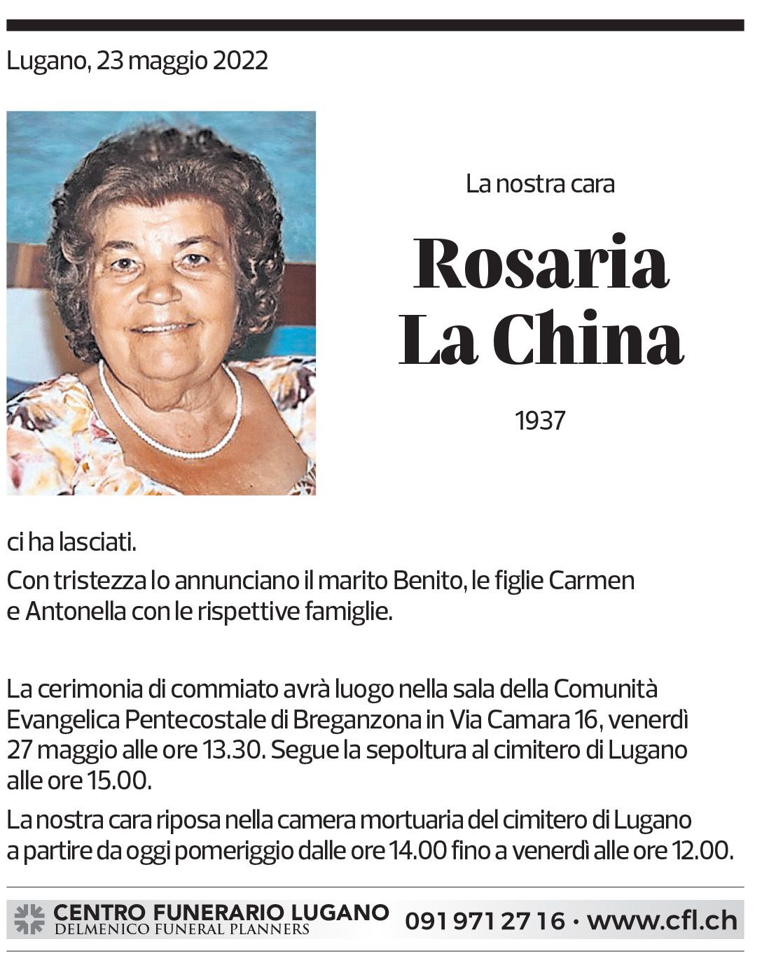 Annuncio funebre Rosaria La China