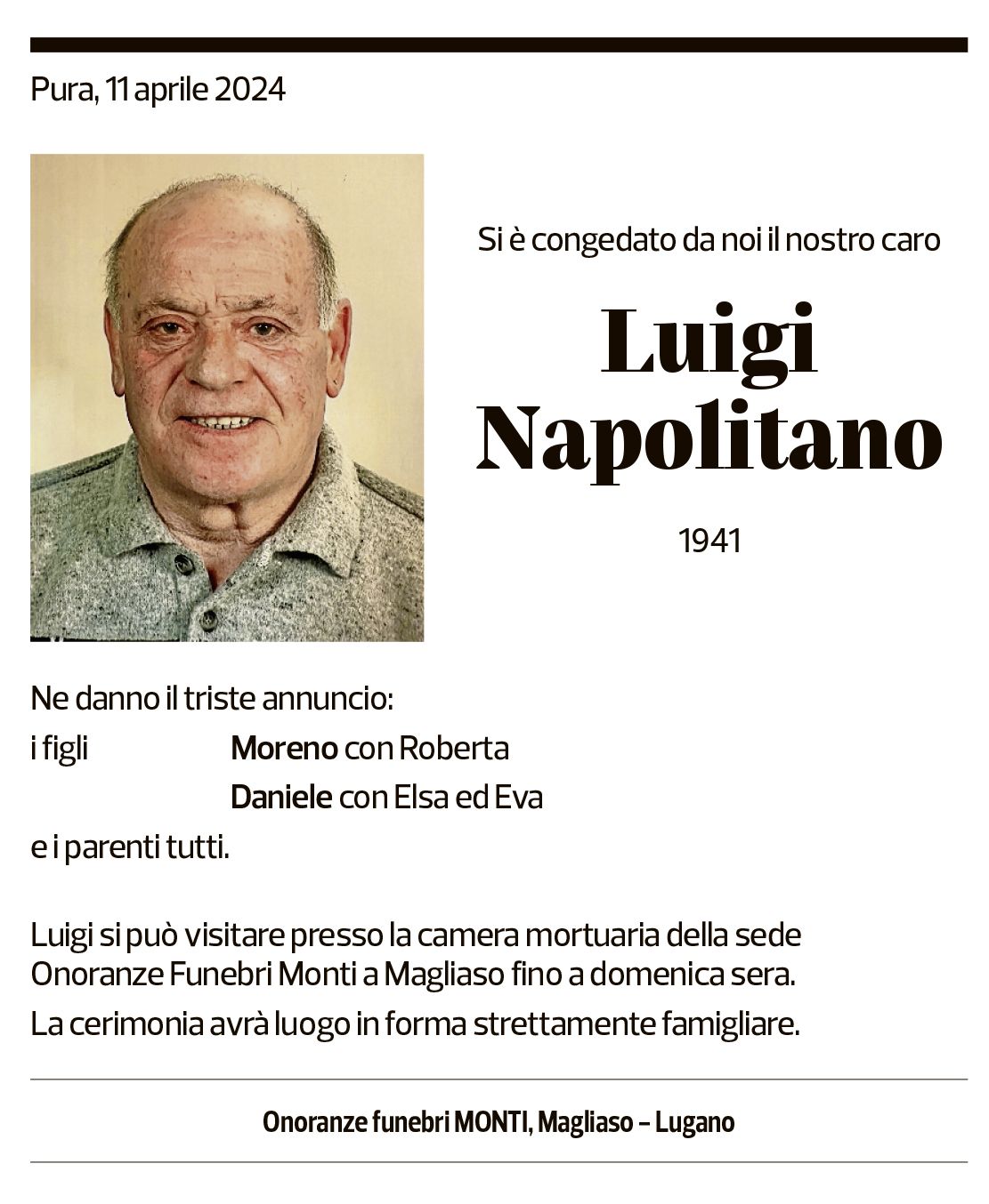 Annuncio funebre Luigi Napolitano