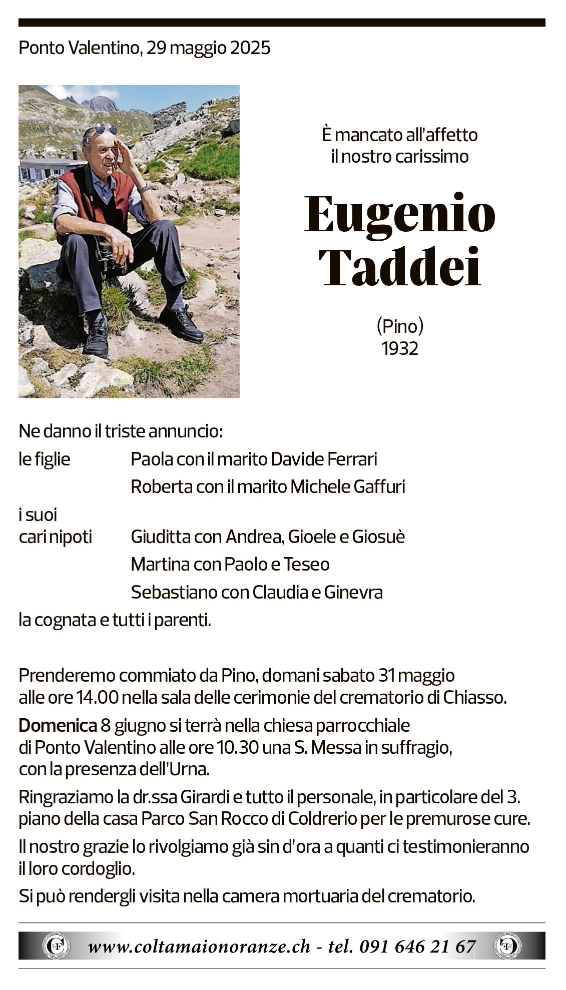 Annuncio funebre Eugenio Taddei