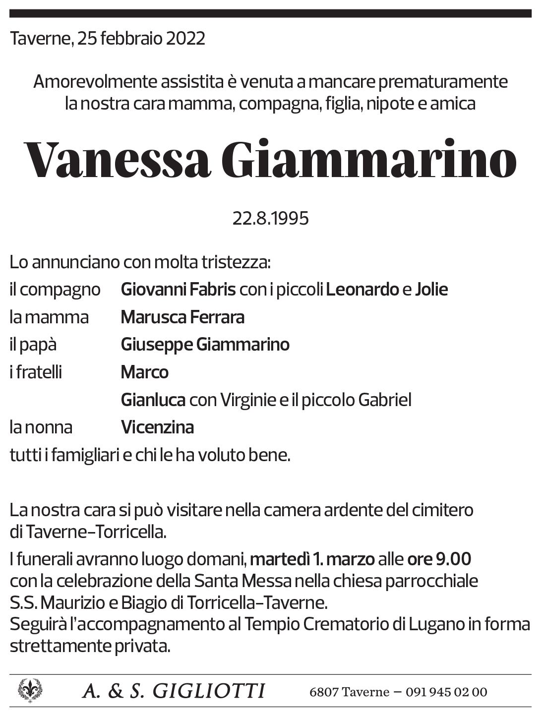 Annuncio funebre Vanessa Giammarino