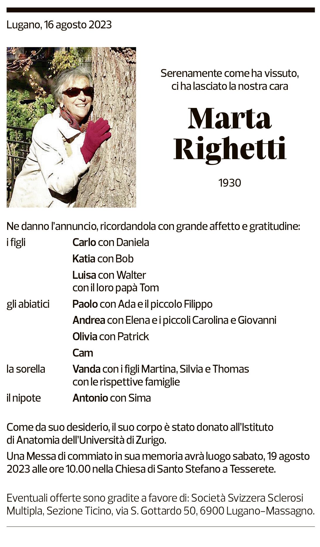 Annuncio funebre Marta Righetti