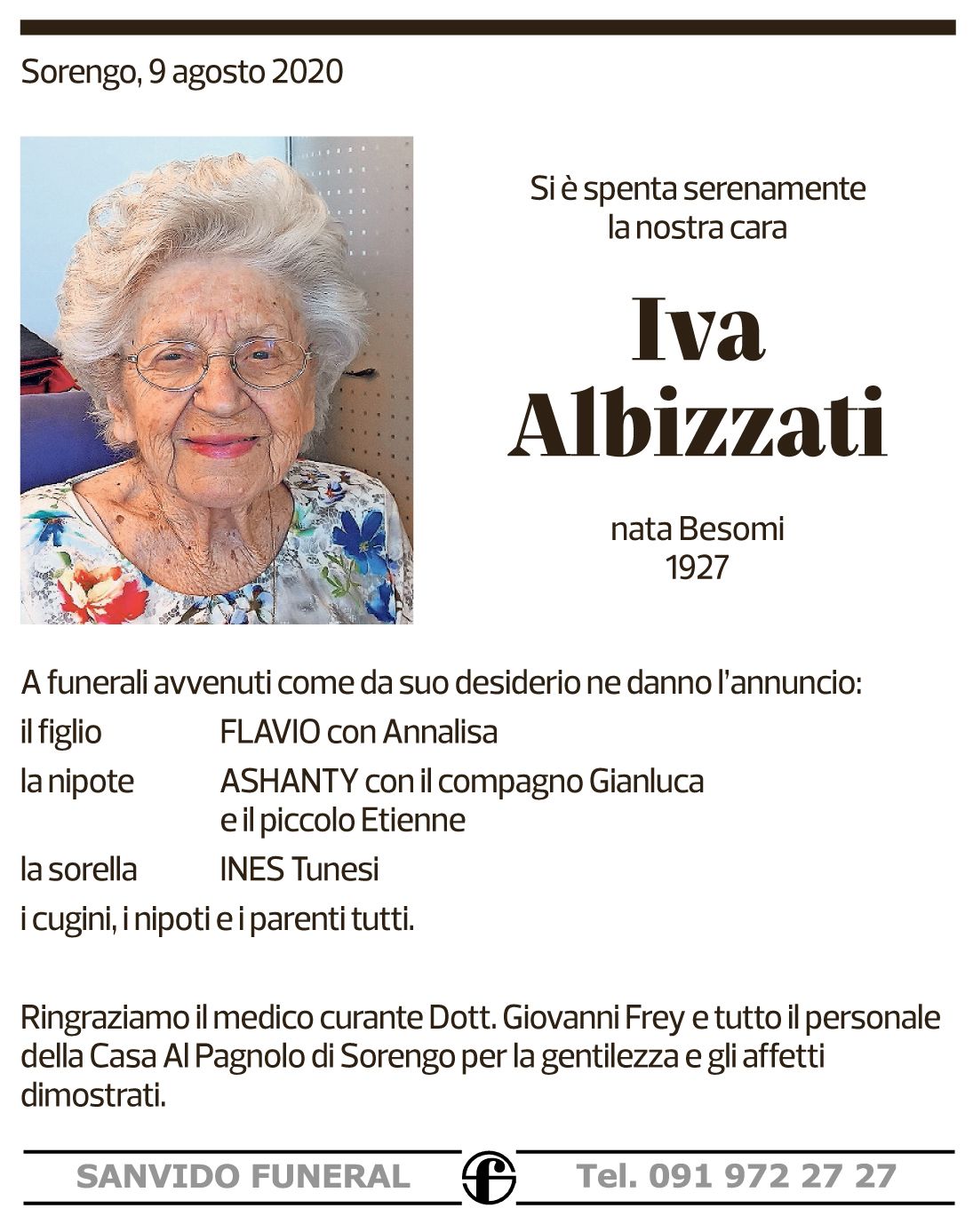 Annuncio funebre Iva Albizzati