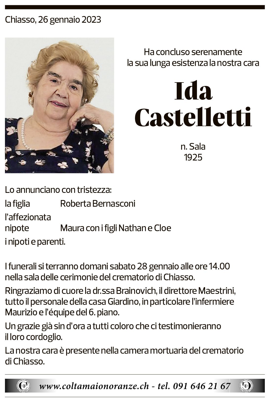 Annuncio funebre Ida Castelletti