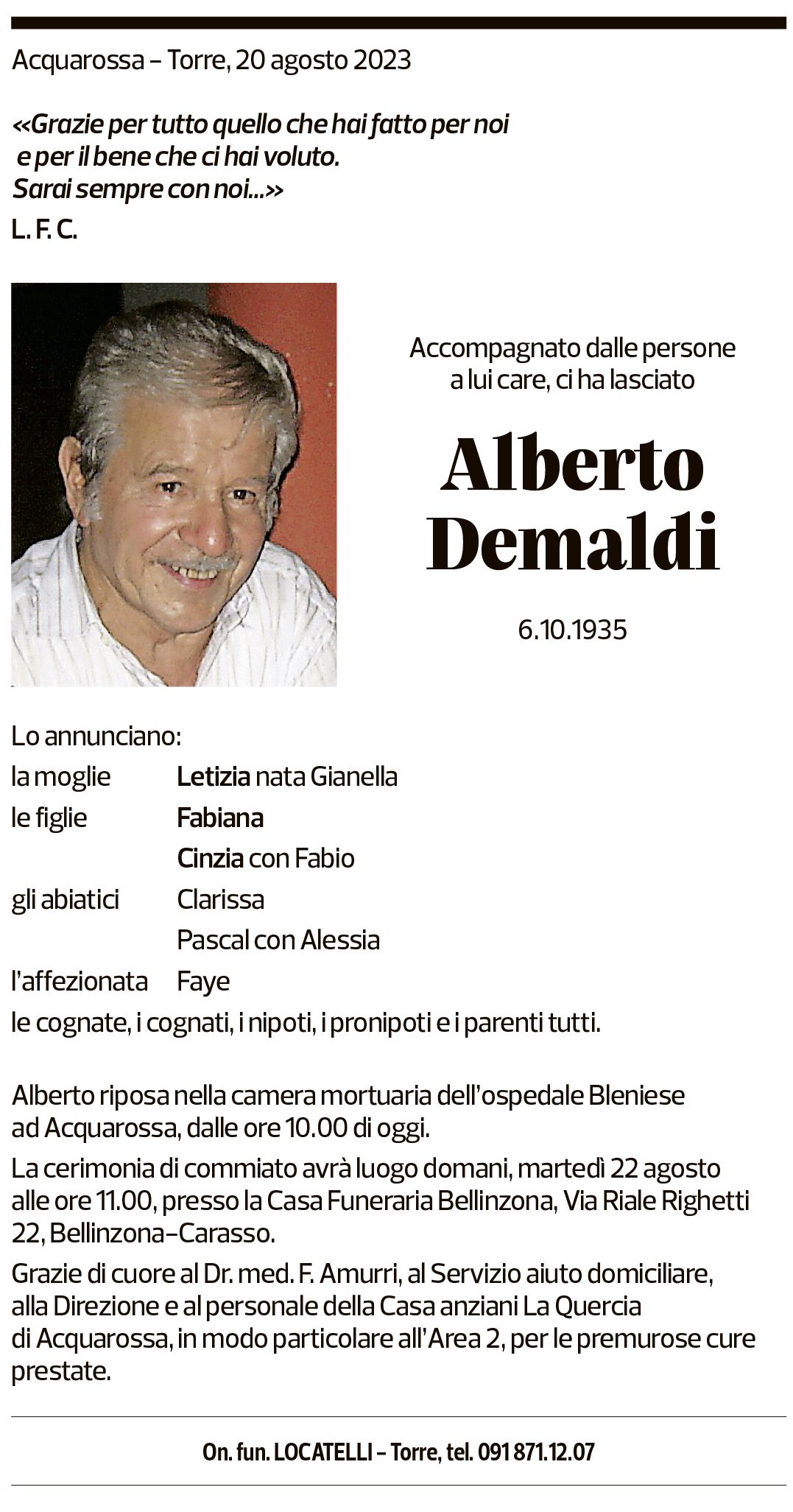 Annuncio funebre Alberto Demaldi