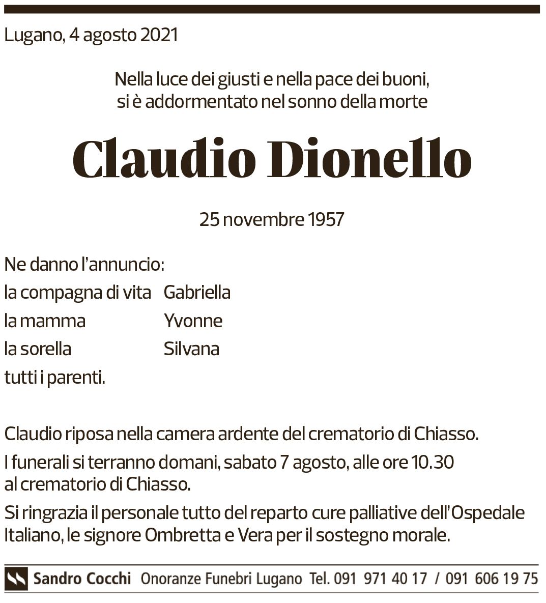 Annuncio funebre Claudio Dionello