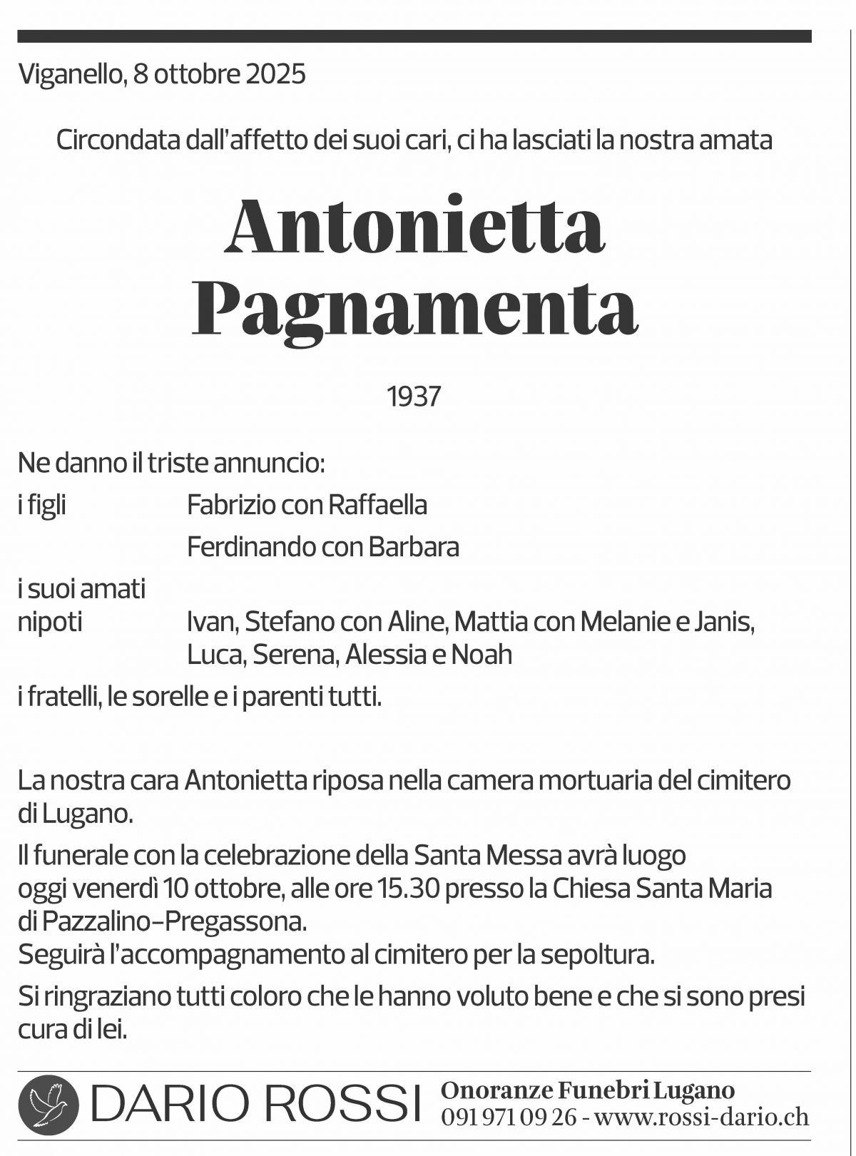Annuncio funebre Antonietta Pagnamenta