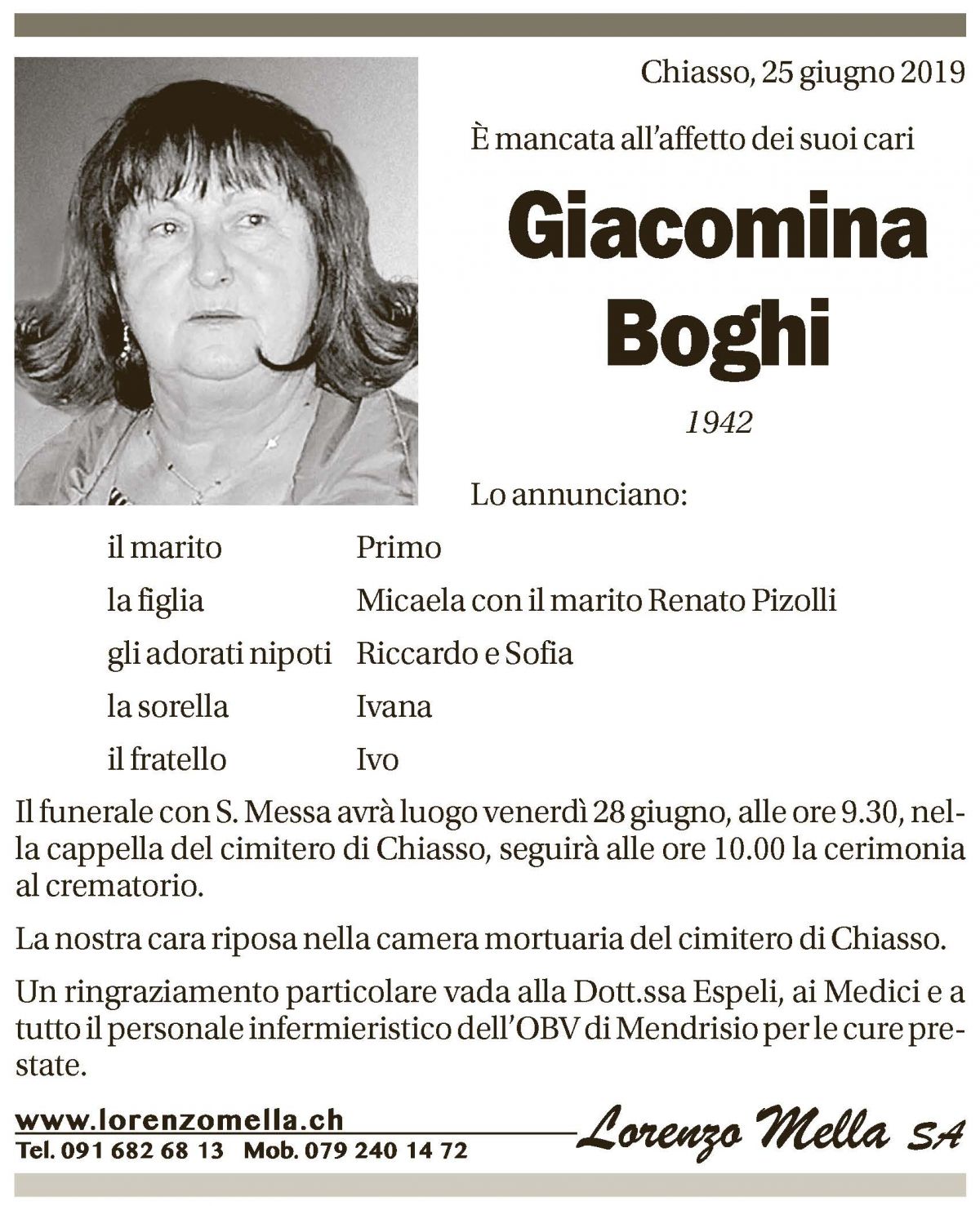 Annuncio funebre Giacomina Boghi