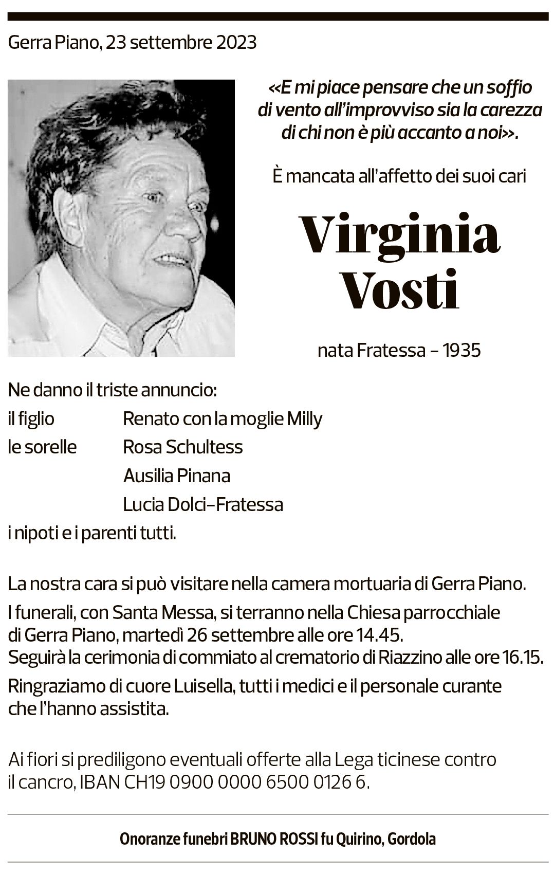 Annuncio funebre Virginia Vosti