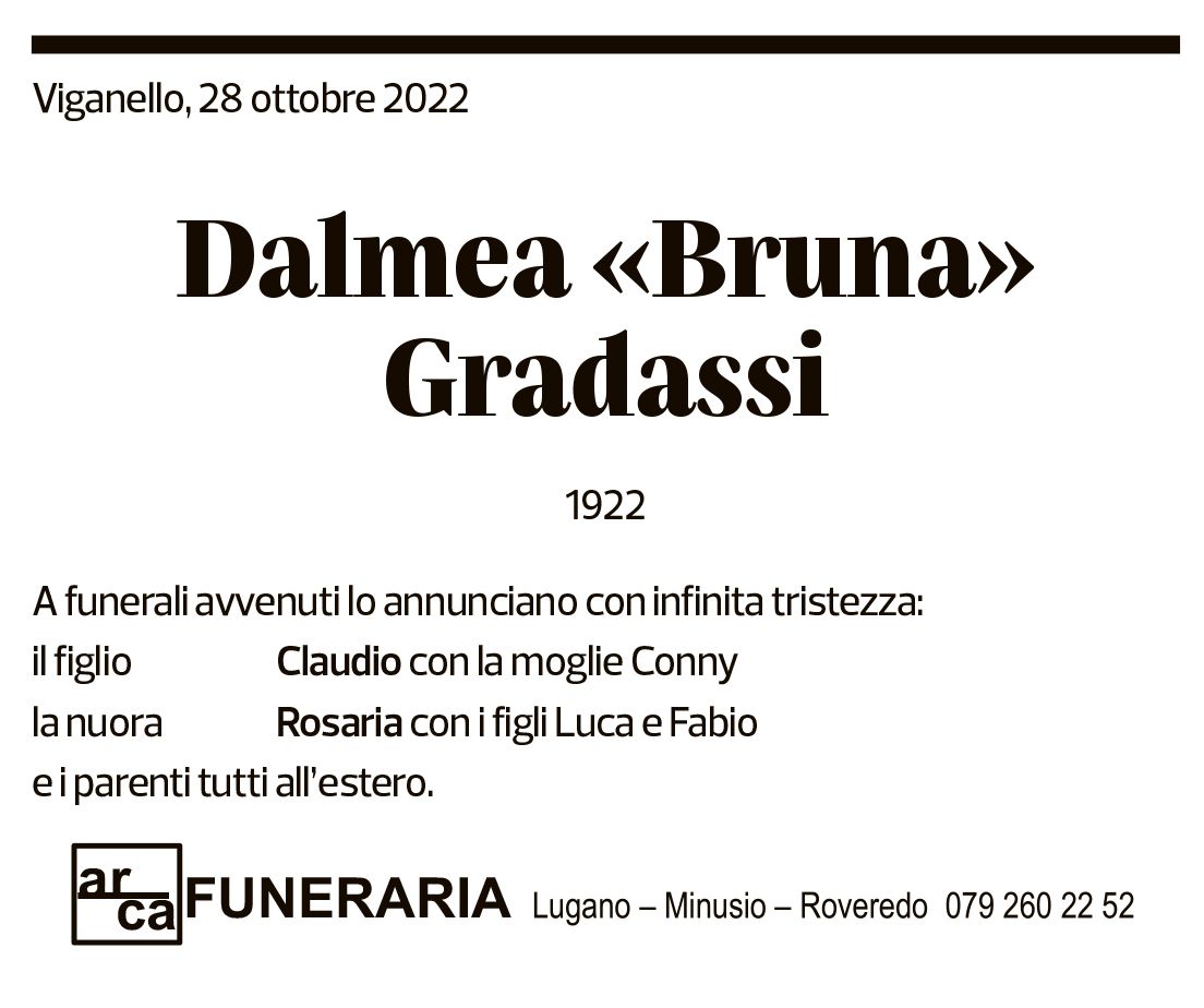 Annuncio funebre Dalmea Bruna Gradassi