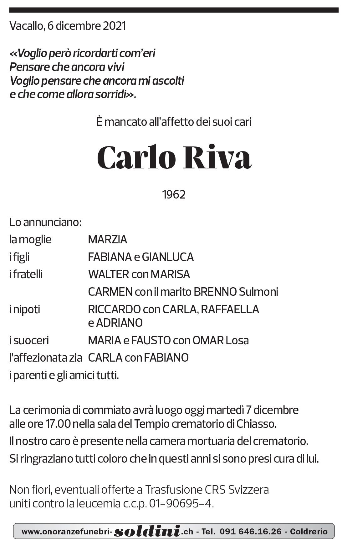 Annuncio funebre Carlo Riva