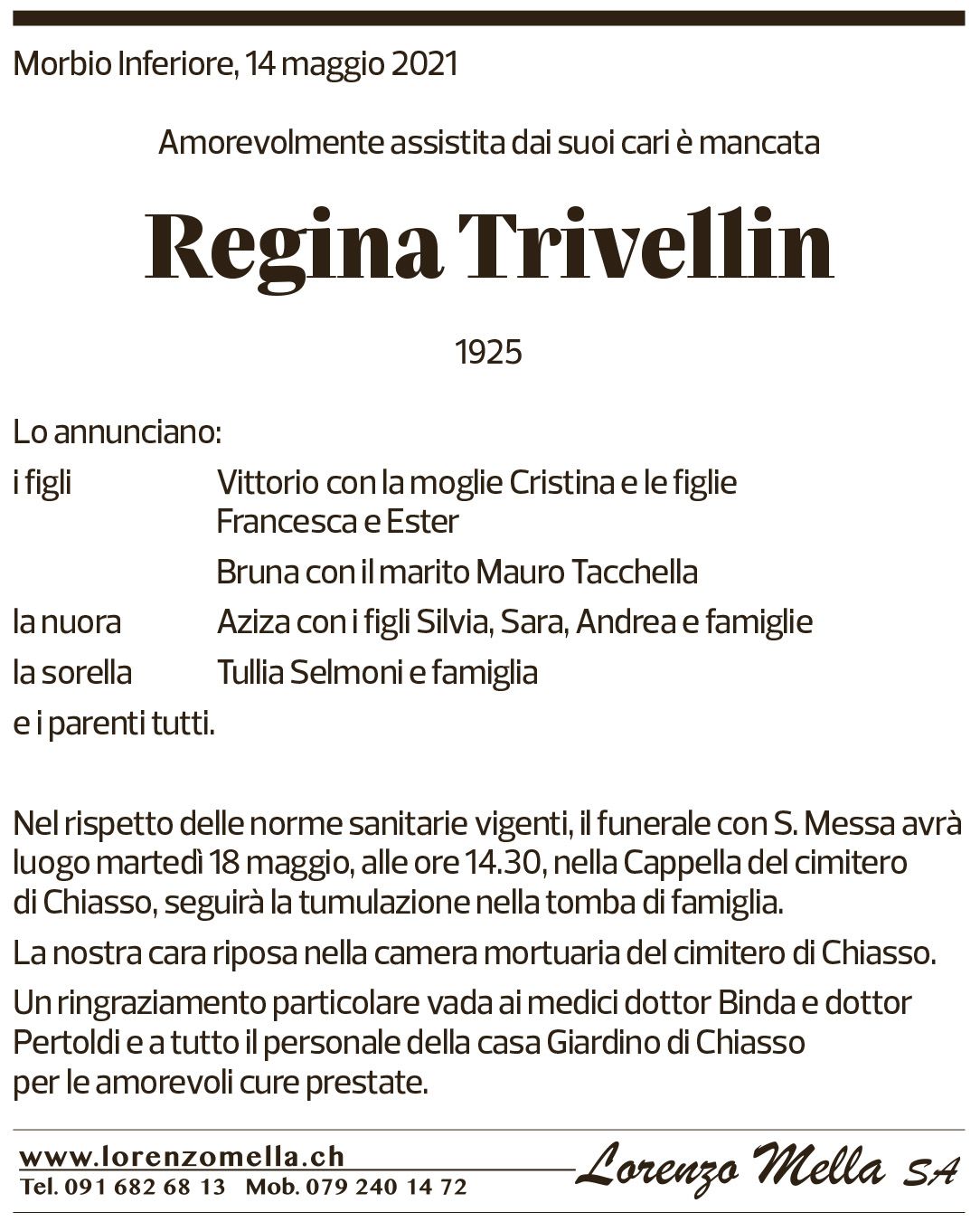 Annuncio funebre Regina Trivellin