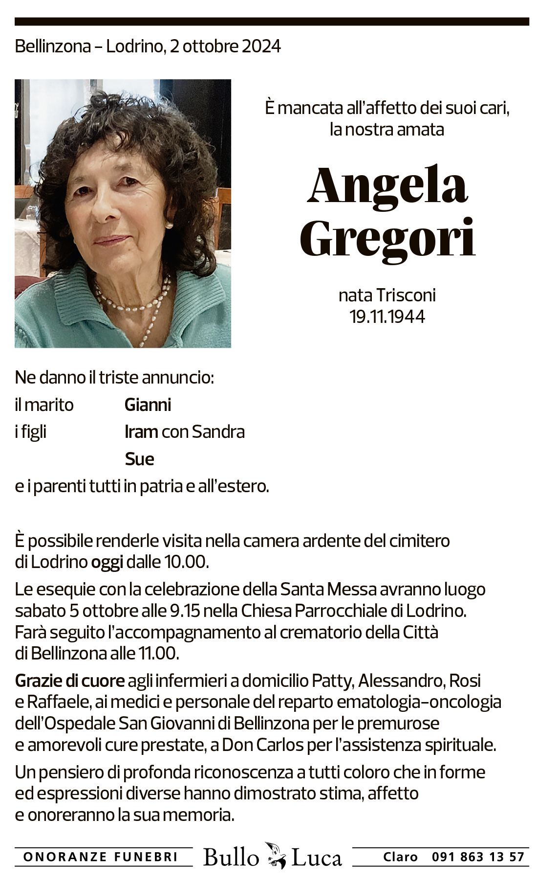 Annuncio funebre Angela Gregori