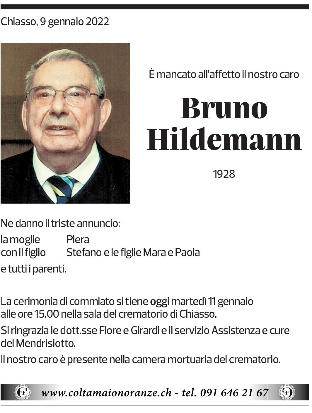 Annuncio funebre Bruno Hildemann