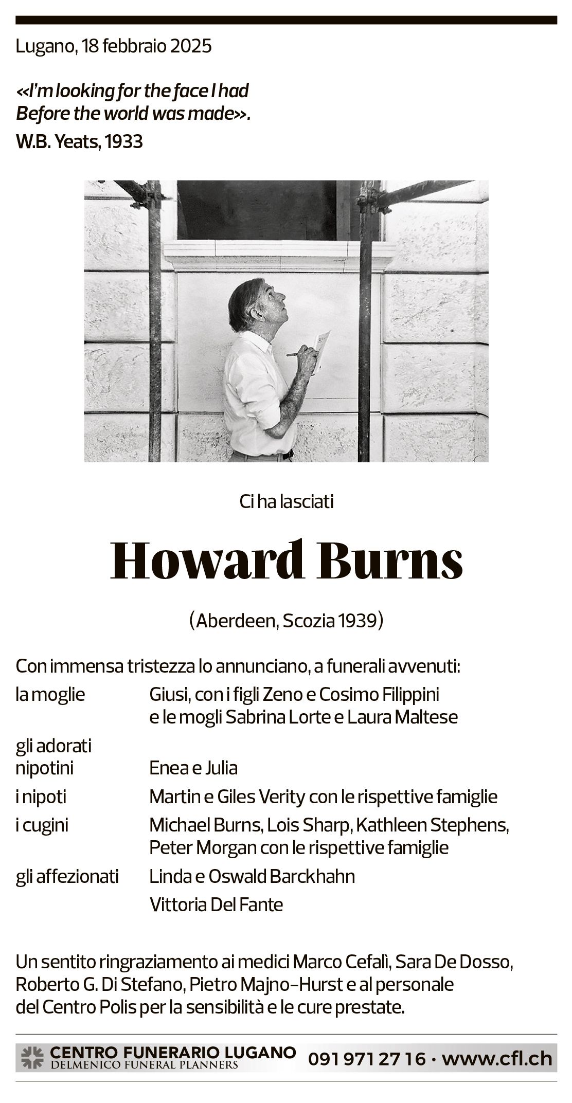 Annuncio funebre Howard Burns