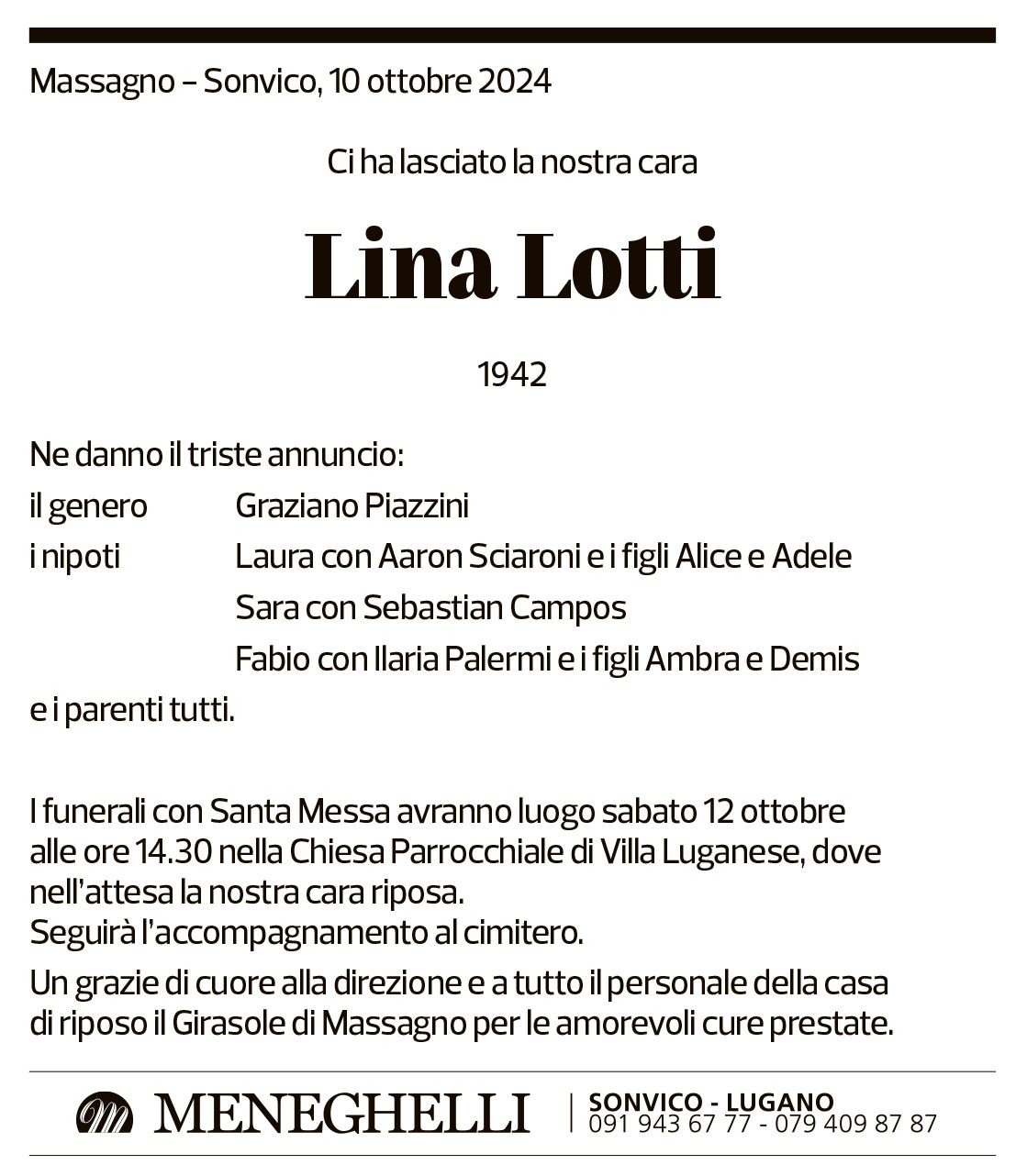 Annuncio funebre Lina Lotti