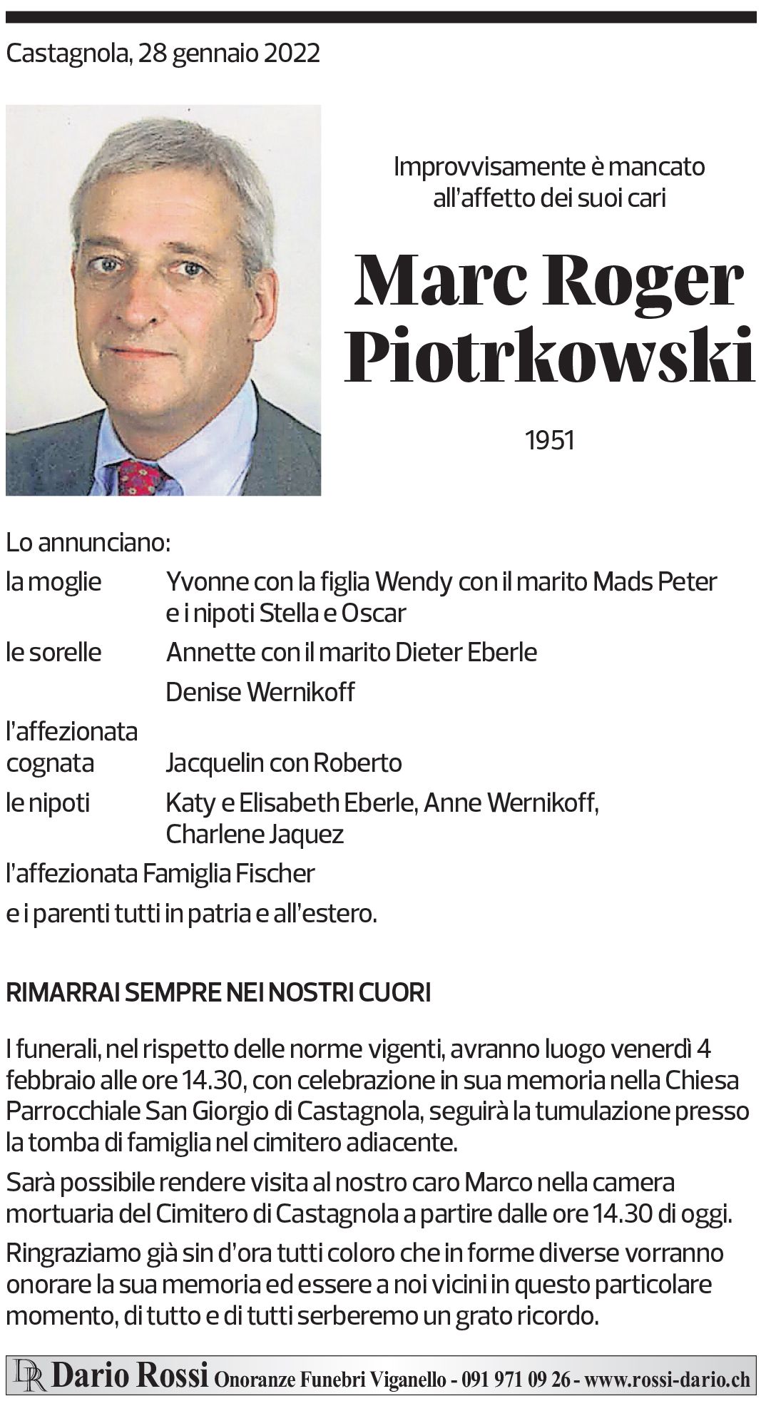 Annuncio funebre Marc Roger Piotrkowski