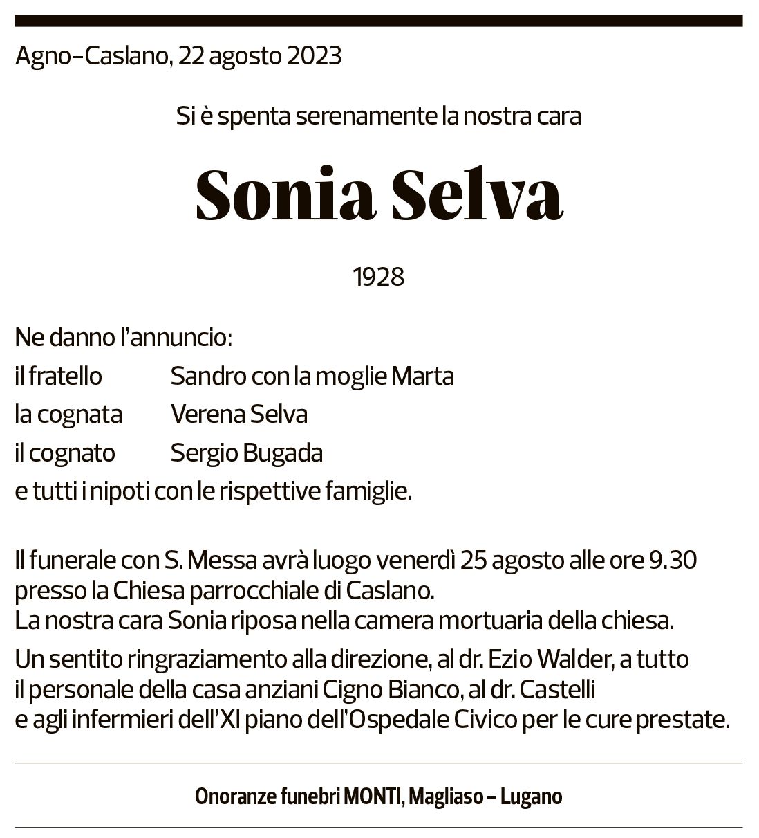 Annuncio funebre Sonia Selva