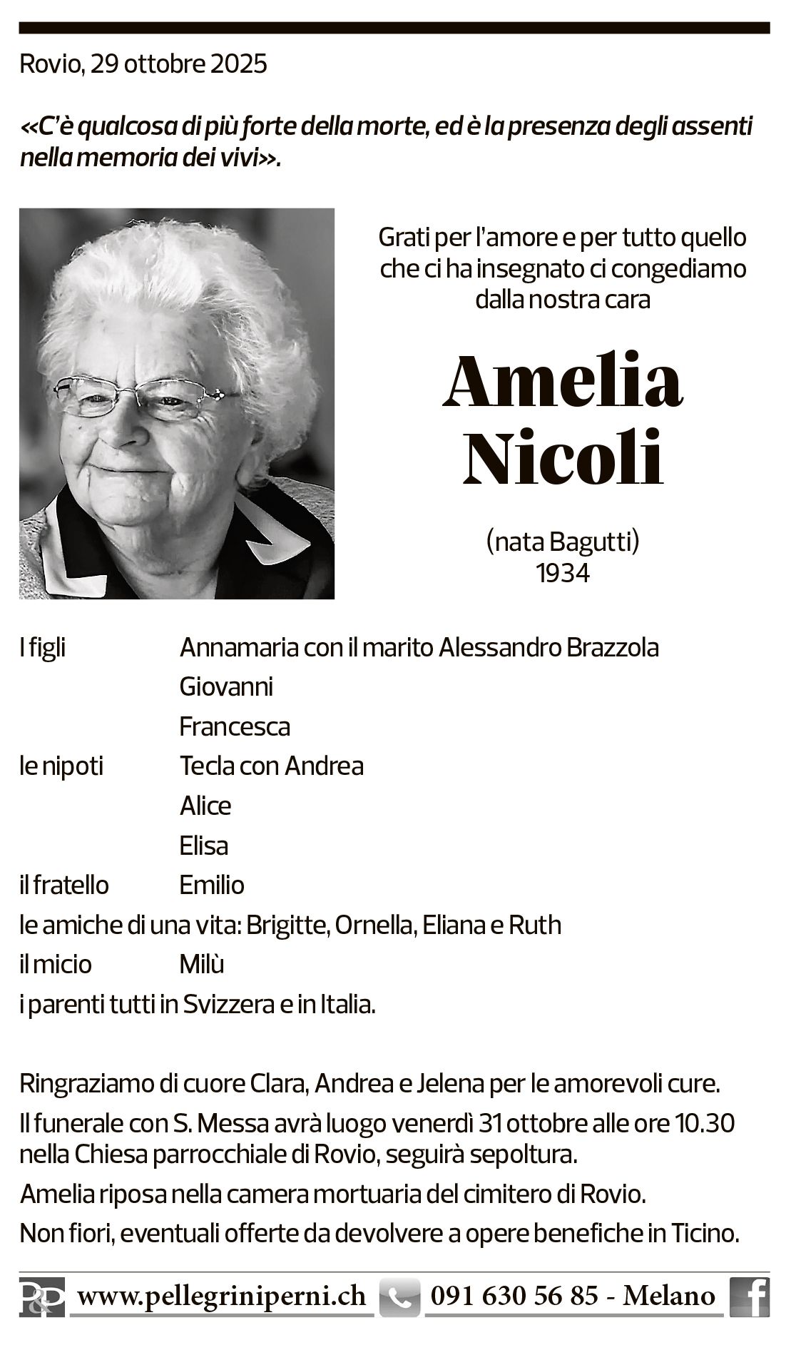 Annuncio funebre Amelia Nicoli