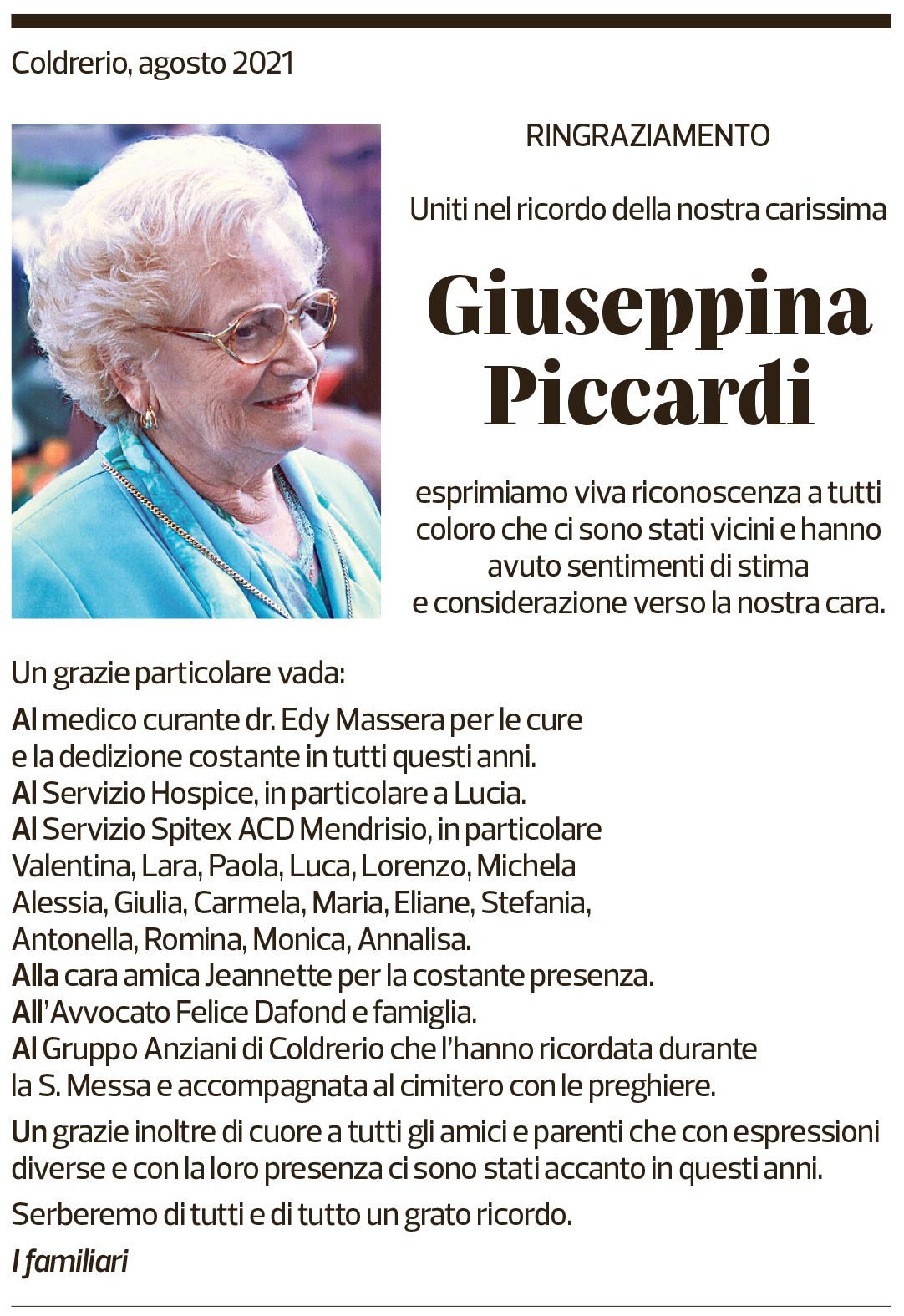 Annuncio funebre Giuseppina Piccardi