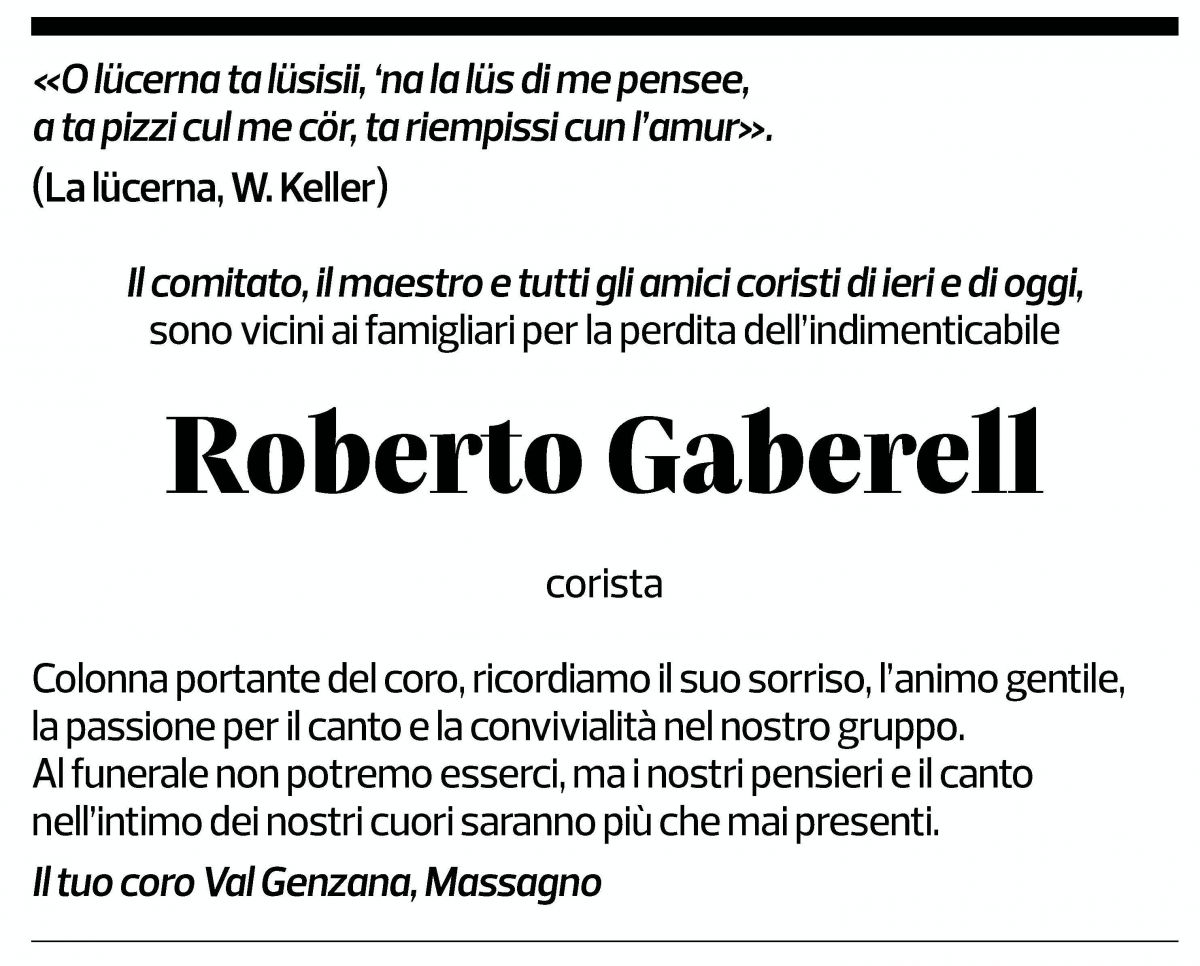 Annuncio funebre Roberto Gaberell