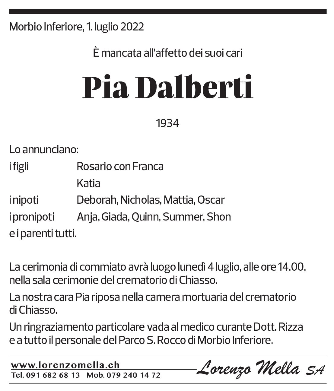 Annuncio funebre Pia Dalberti