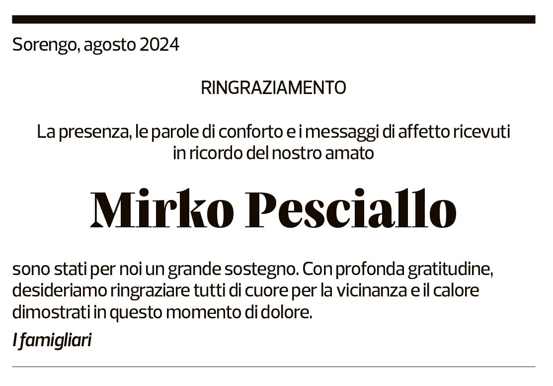 Annuncio funebre Mirko Pesciallo