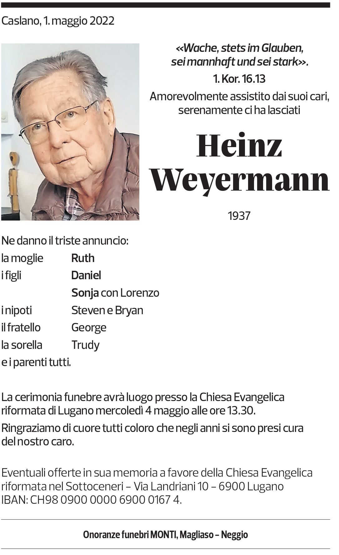 Annuncio funebre Heinz Weyermann