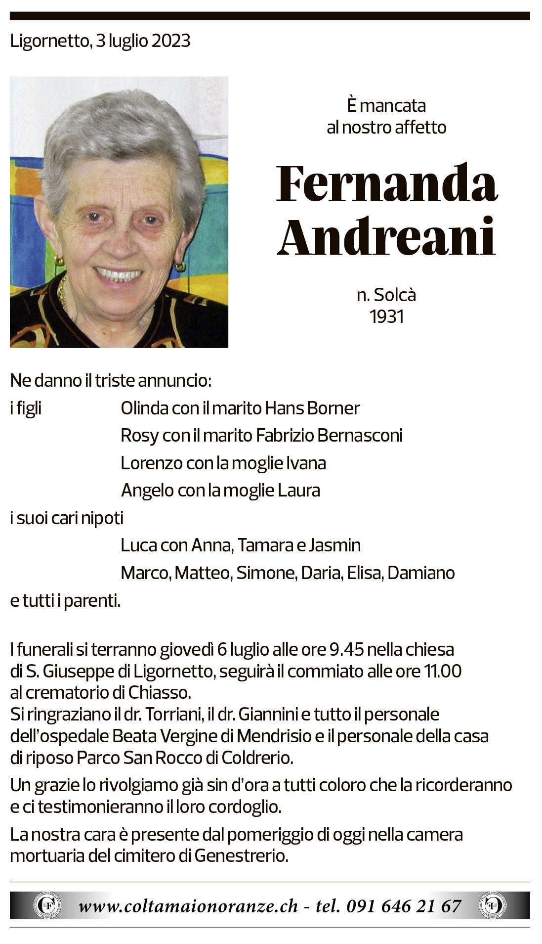 Annuncio funebre Fernanda Andreani