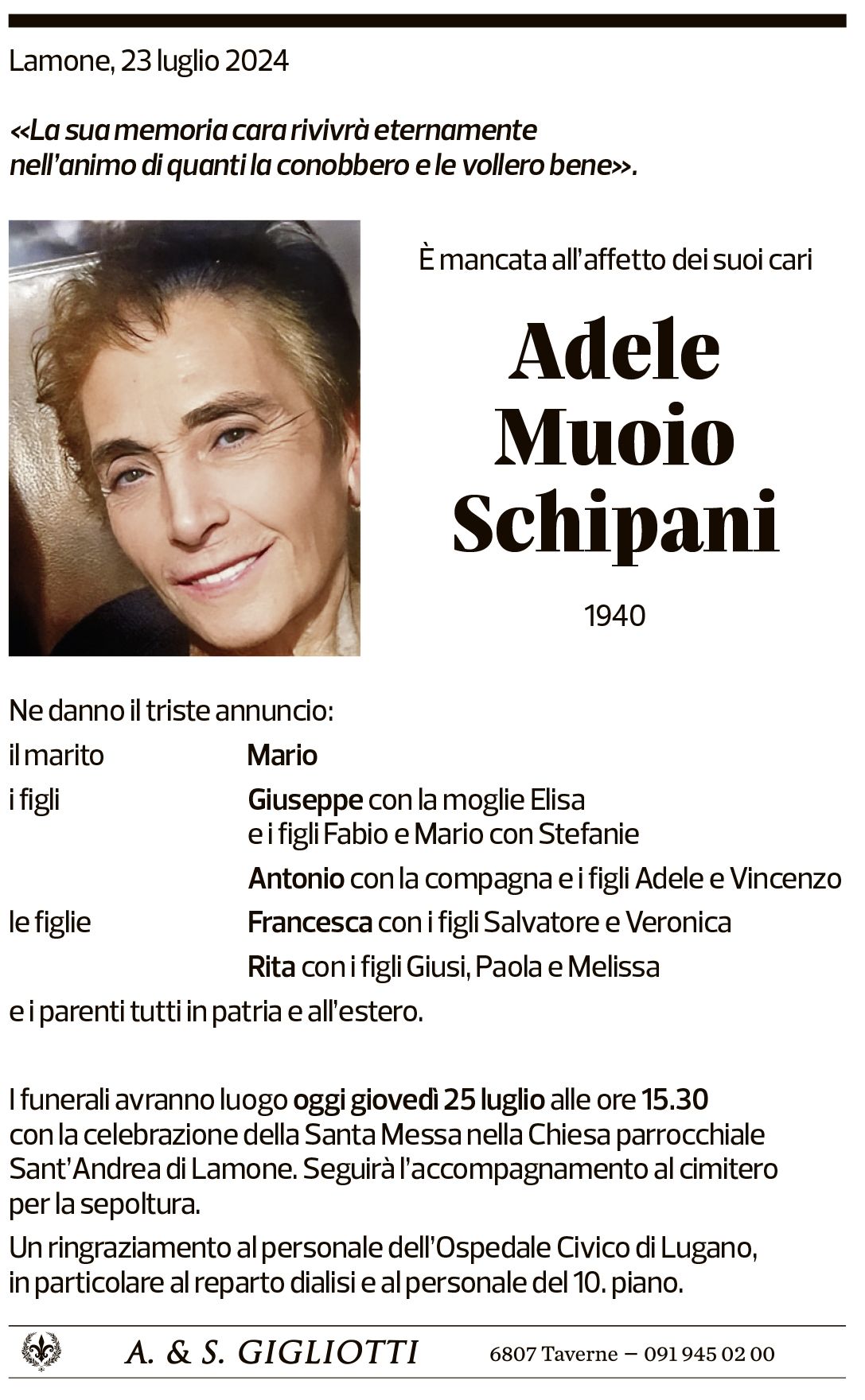 Annuncio funebre Adele Muoio Schipani