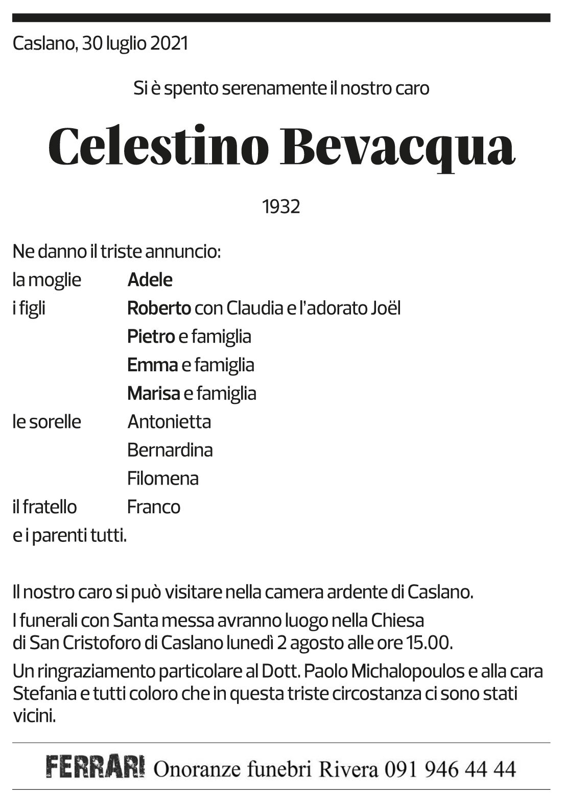 Annuncio funebre Celestino Bevacqua