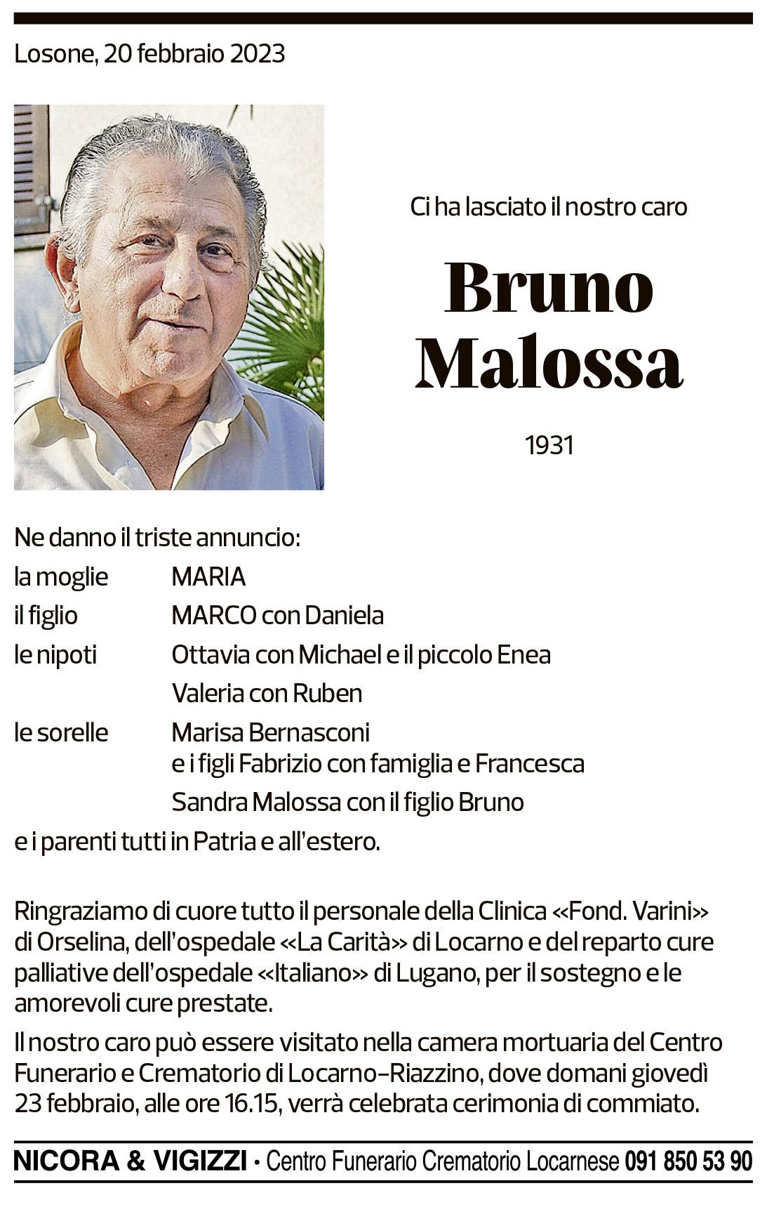 Annuncio funebre Bruno Malossa