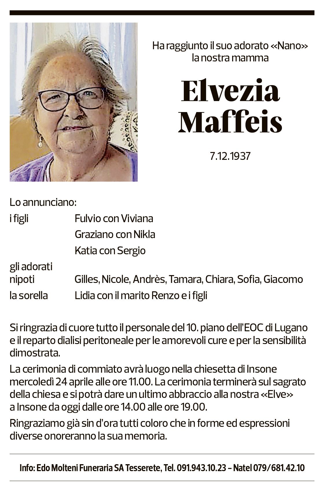 Annuncio funebre Elvezia Maffeis